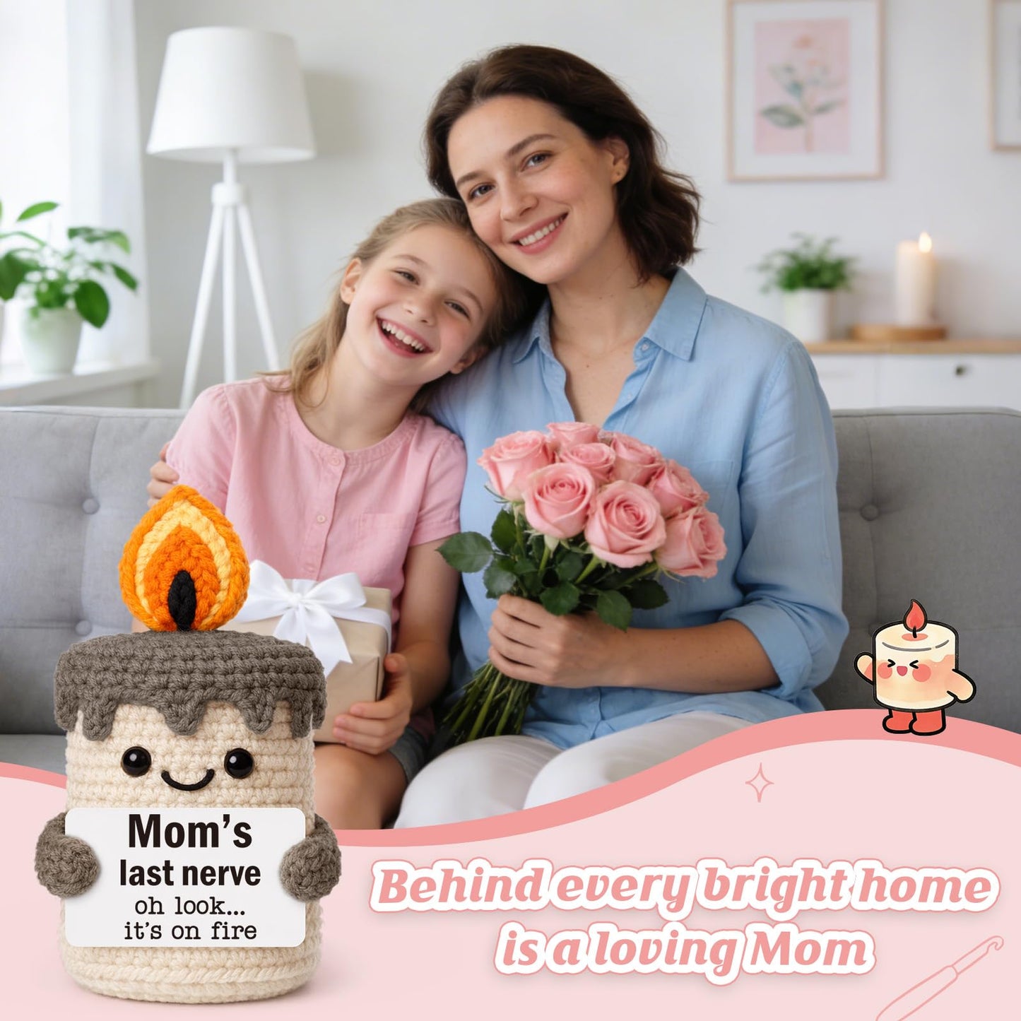 YUEYUQIU Funny Mom Gifts for Mothers Day - Birthday Gifts for Mom from Daughter Son, Cute Christmas Mother's Day Easter Candle Gift for Mother Mama Mommy - Handmade Crochet Mom's Last Nerve Candle