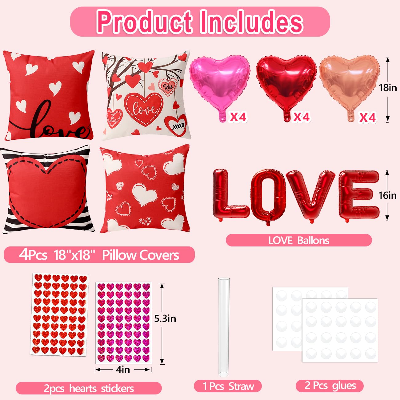 Valentine Decorations Set of 4 Double-Sided Valentine's Day Throw Pillow Covers 18" x 18", Reversible 8 Designs, with 16 pcs Heart & Love Balloons, Stickers, Complete Valentines Decor Kit