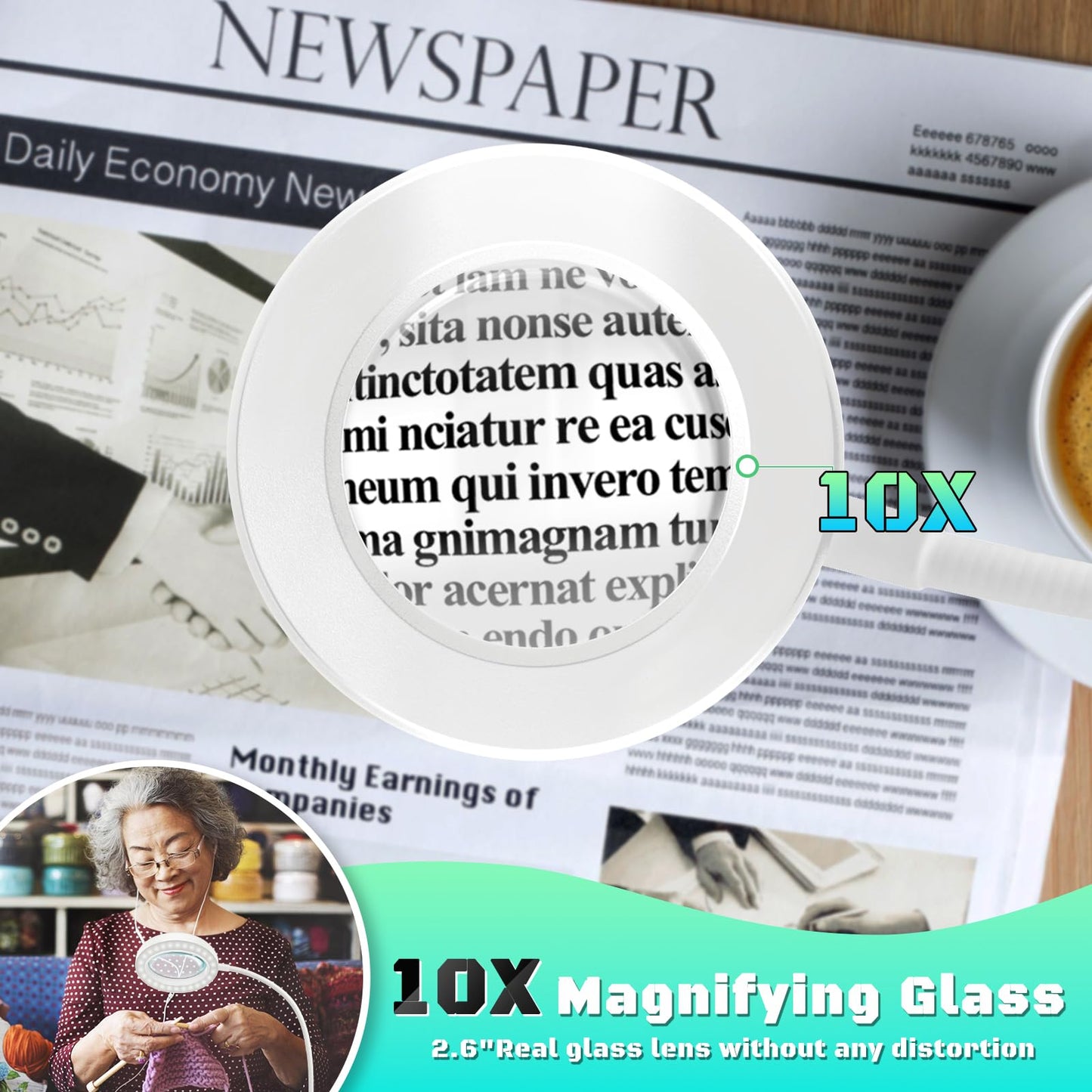 10X Magnifying Glass with Light, Clip on Mganifier with Light, 48 LED Desk Magnifying Glass wtih Clamp, 3 Modes Dimmable Magnifying LED Lamps for Bed Work Crafts DIY Repair White