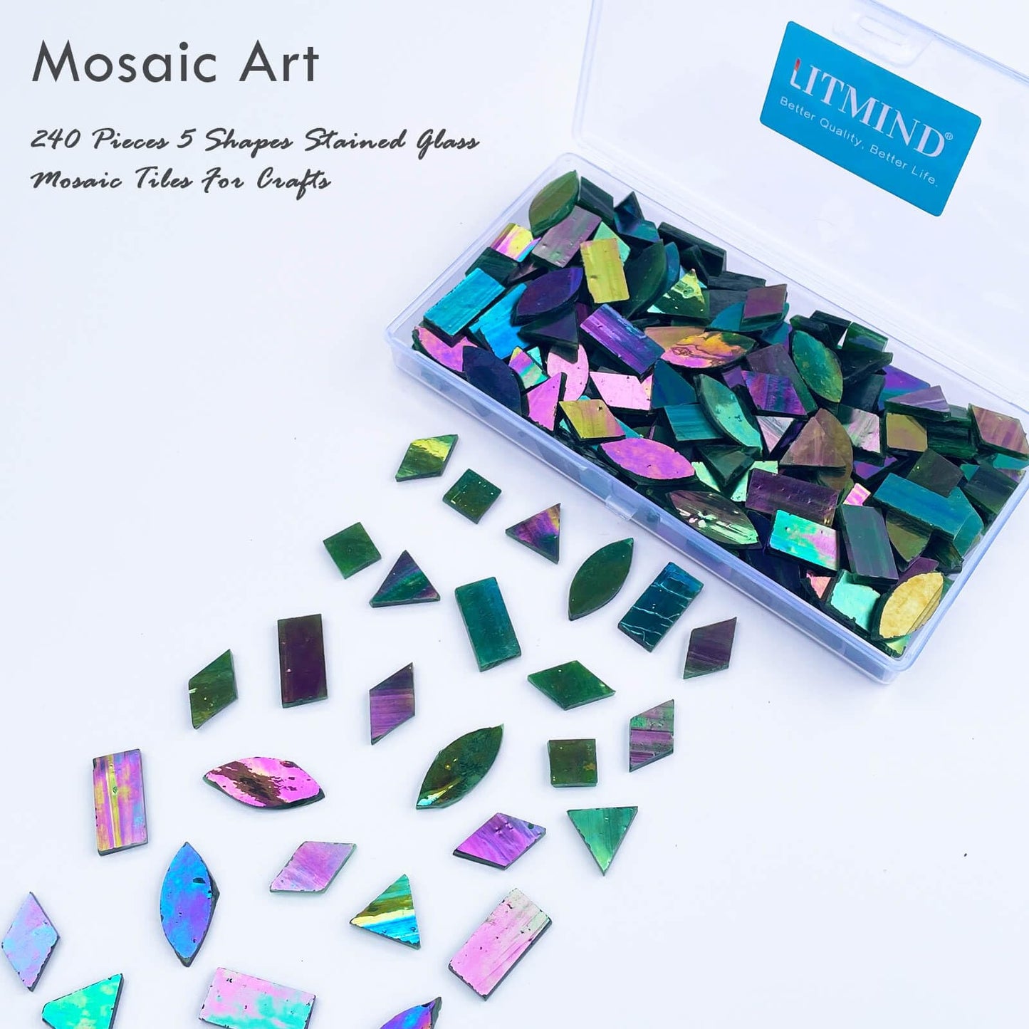 LITMIND Dark Green Iridescent Stained Glass Mosaic Tiles for Crafts - 240 Pieces, 5 Shapes Mixed (Rectangle, Triangle, Rhombus, Square, Leaf) - Ideal for Mosaic Making Projects