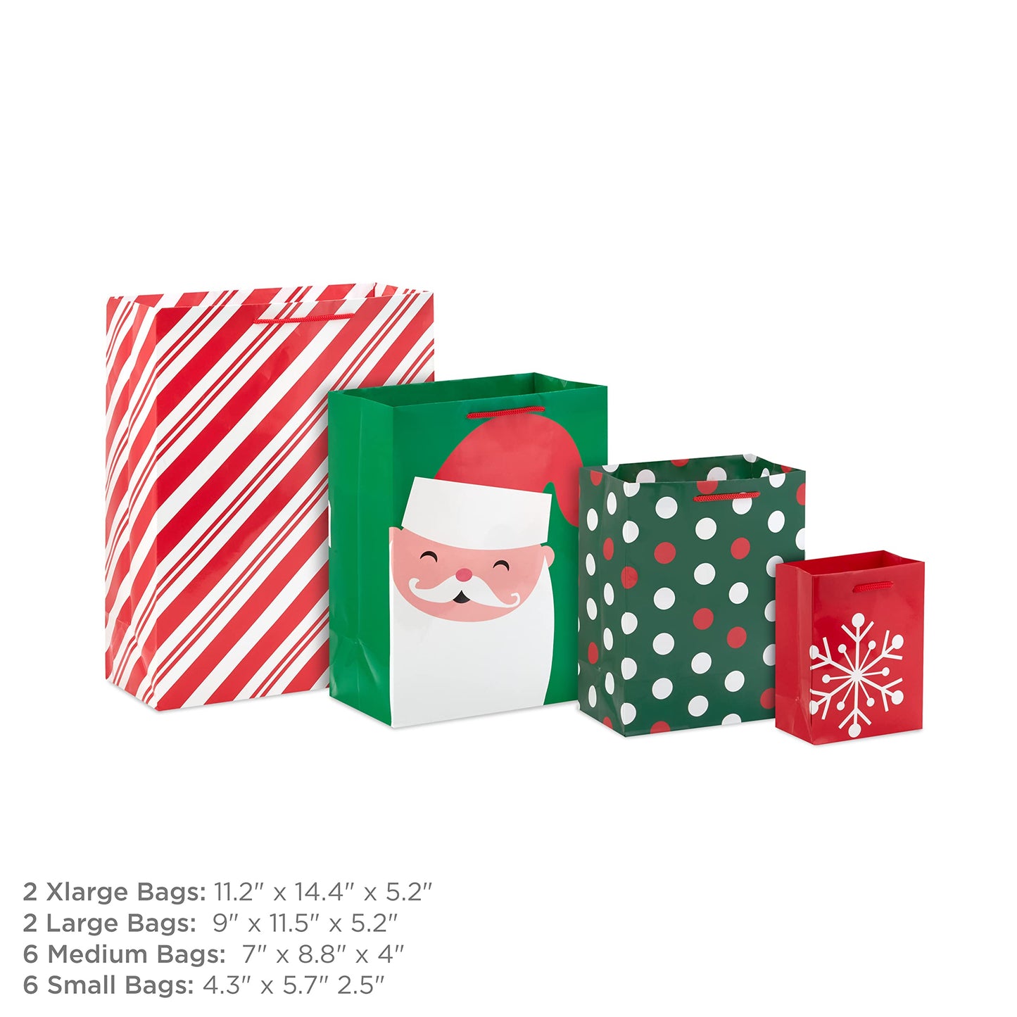 Hallmark Image Arts Assorted Holiday Gift Bag Bundle (16 Bags: 6 Small 5", 6 Medium 8", 2 Large 11", 2 XL 14") Red and Green, Santa, Stripes, Polka Dots, Snowmen, Snowflakes