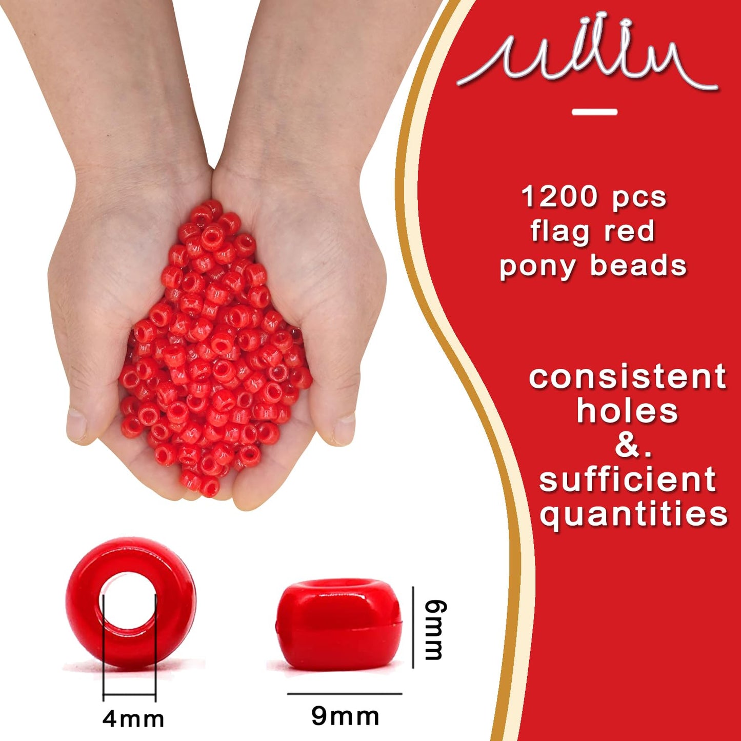 MIIIM 1200PCS 6x9mm Red Pony Beads Bulk, Kandi Beads for Bracelets Making Kit, Hair Braids Crafts for Jewelry Making (Flag Red)