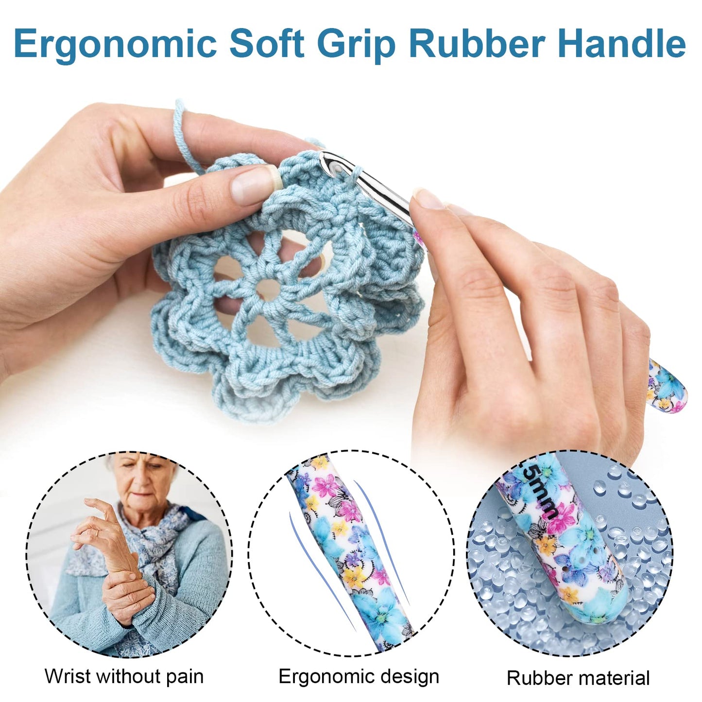 BCMRUN Crochet Hooks Set,14 Size 2.25mm(B)-10mm(N) Extra Long Crochet Needles Ergonomic Handle Smooth Hooks Knitting Needles Kit, DIY Knit Needles Weave Yarn Set, Christmas Crochet Gift (Blue)