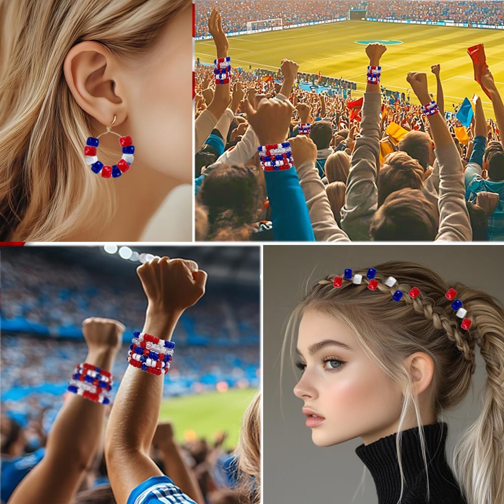 MIIIM 1000PCS 6x9mm Patriotic Pony Beads Bulk, 7 Styles Red White and Blue Kandi Beads for Bracelets Making Kit, Hair Braids Crafts for Jewelry Making (4th of July)