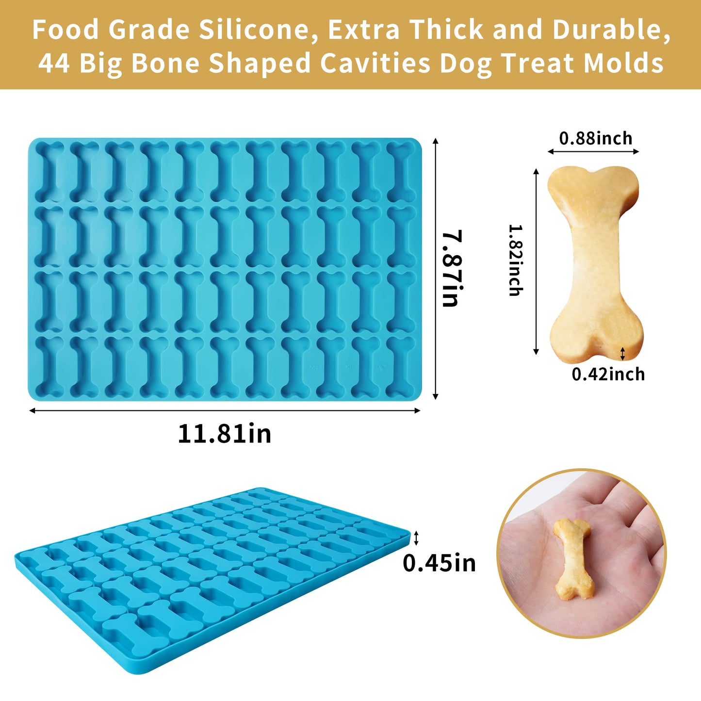 Amyandone Dog Bone Silicone Molds, 44 Cavities Small Dog Bone Shaped Pet Treat Mold for Baking and Freezing Dog Food/Snacks/Biscuits/Candy/Chocolate for Medium and Large Dogs (with a Scraper)