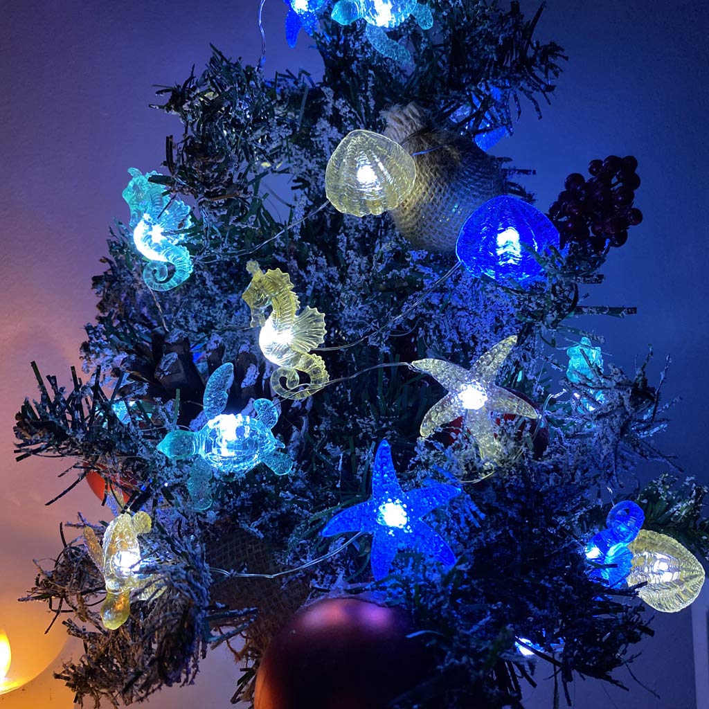 Ocean Beach themed Sea Life Cute Fairy Decorative String Lights Battery Operated, Seahorse Starfish Sea Turtle Clam Nautical Rope Lights Lit by 30 LEDs 10 ft for Holiday Camping Mermaid Wedding