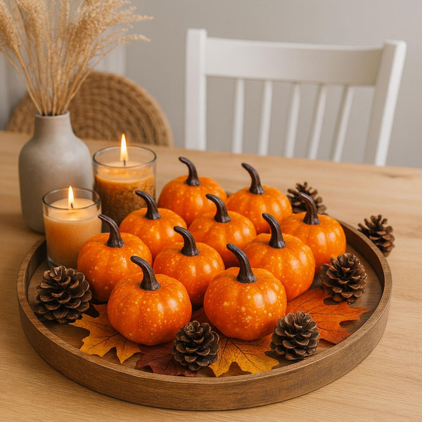 DomeStar 42 PCS Artificial Pumpkins Sets, 12PCS Mini Fake Pumpkins with 30PCS Lifelike Maple Leaves Faux Pumpkins for Decorating Fall Harvest Garland Halloween DIY for Crafts Thanksgiving Decorations