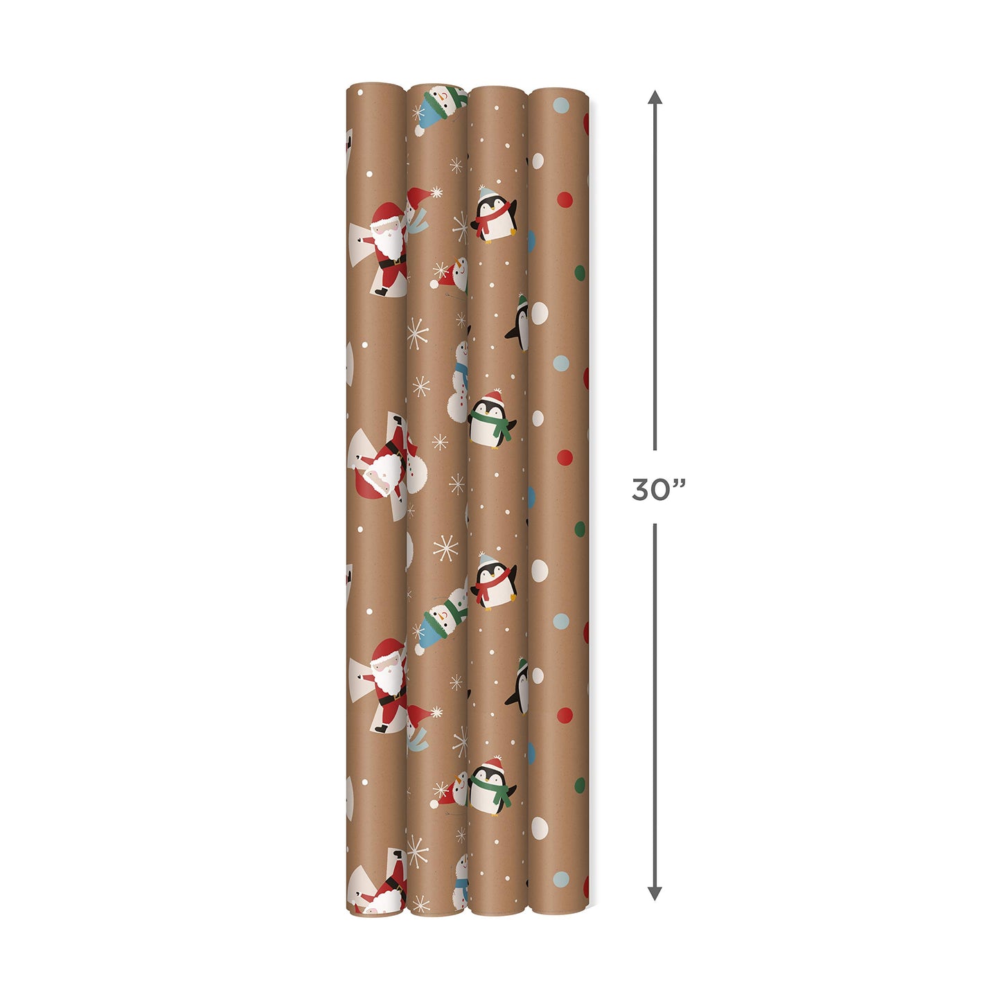 Kraft Christmas Wrapping Paper for Kids with Cut Lines on Reverse (4 Rolls: 88 sq. ft. ttl) Penguins, Santa, Snowmen, Polka Dots
