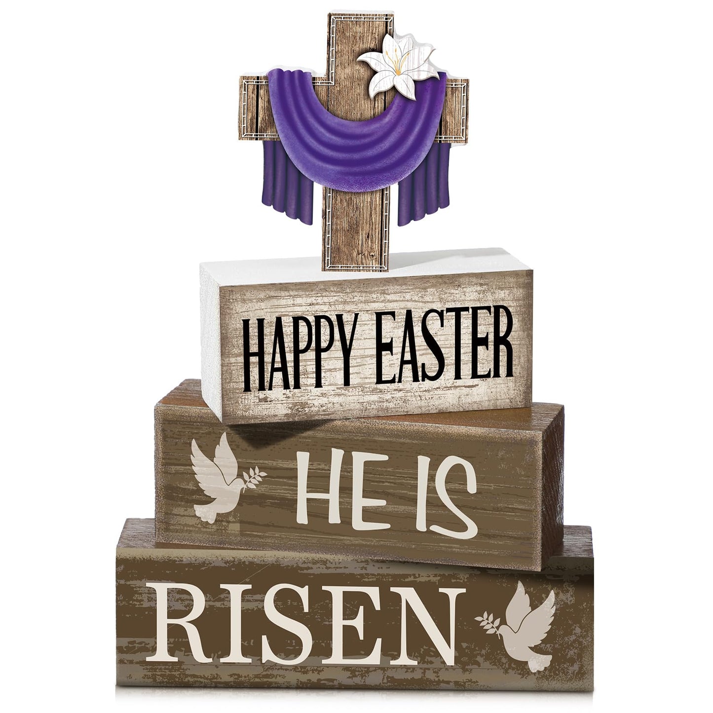 4 Pcs Easter Decorations He Is Risen Wooden Sign Christian Table Centerpiece Religious Cross Tiered Tray Decor Decorative Faux Book Stack Block for Table Fireplace Mantel Floating Shelf