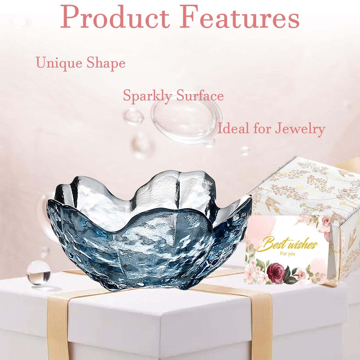 Binoster Blue Flower Glass Ring Dish Jewelry Tray Ring Holder Dish Cute Room Decor Vanity Organizer for Nightstand or Bathroom Aesthetic Trinket Dish Gift for Wife Mom Daughter