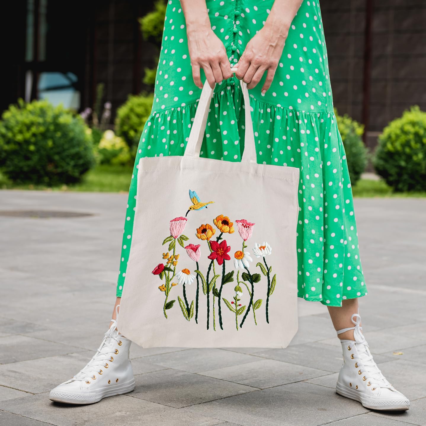 Embroidery Kit Canvas Tote Bag for Beginners,Cross Stitch Kits for Adults,DIY Crafts Needlepoint Include Hummingbird Floral Pattern,Women Shopping Reusable Grocery Bags