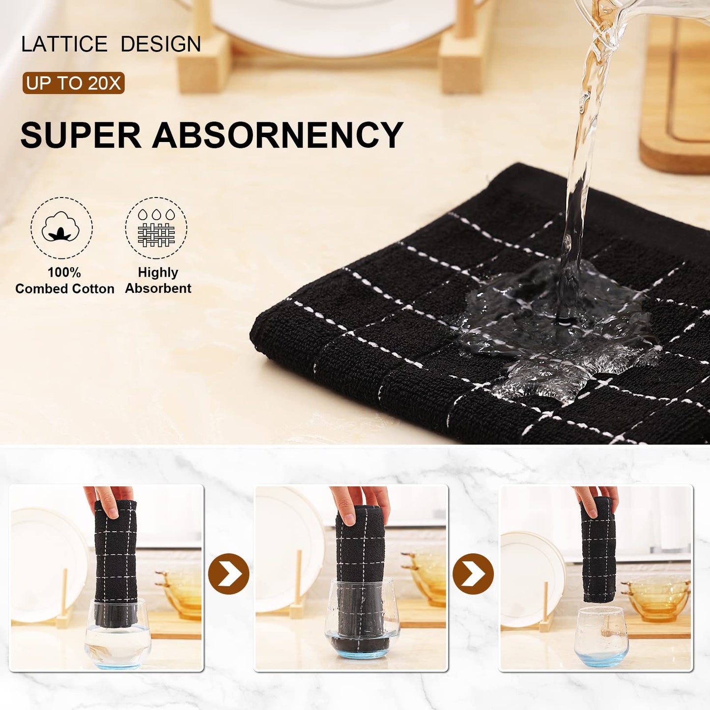 100% Cotton Terry Cloth Kitchen Towels, Super Soft and Absorbent Dish Towels for Drying, Checkered Designed Hand Towels for Kitchen, 16 x 26 Inches, 4 Pack, Black