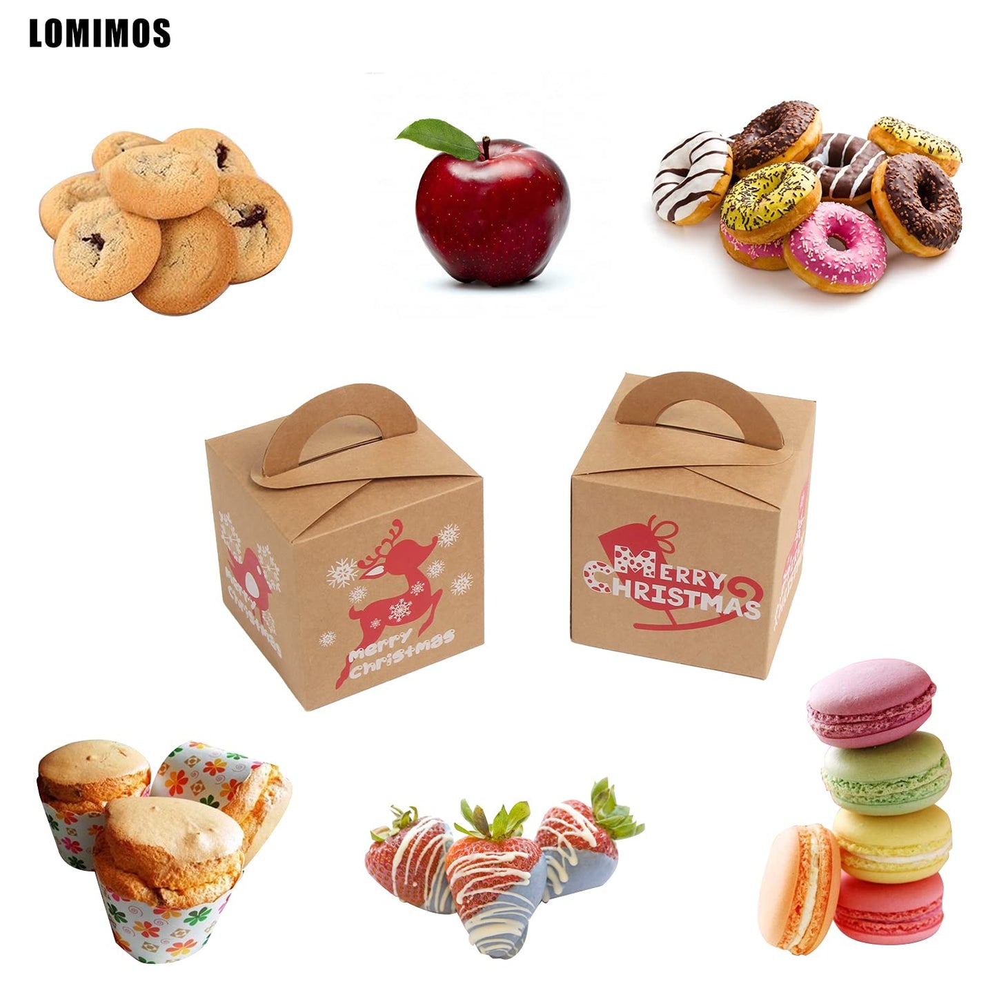 LOMIMOS 24PCS Christmas Bakery Boxes,Mini Kraft Cardboard Boxes for Cupcakes Cookies Brownies Donuts Dessert Gift-Giving Packaging