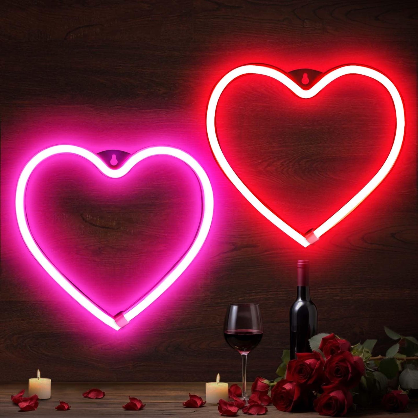 2 Pack Heart Neon Sign LED Neon Lights for Wall Window Decor Valentine's Girl Room Wedding Party Dorm(Pink,Red)