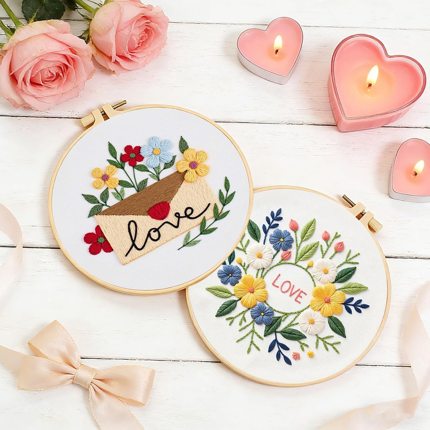 Valentines Embroidery Kit, DIY Embroidery Starter Kit for Adults & Beginners, DIY Needlepoint Kit with Embroidery Hoop Thread Needle for Craft Lover Birthday Gifts (Valentines-4 Set)