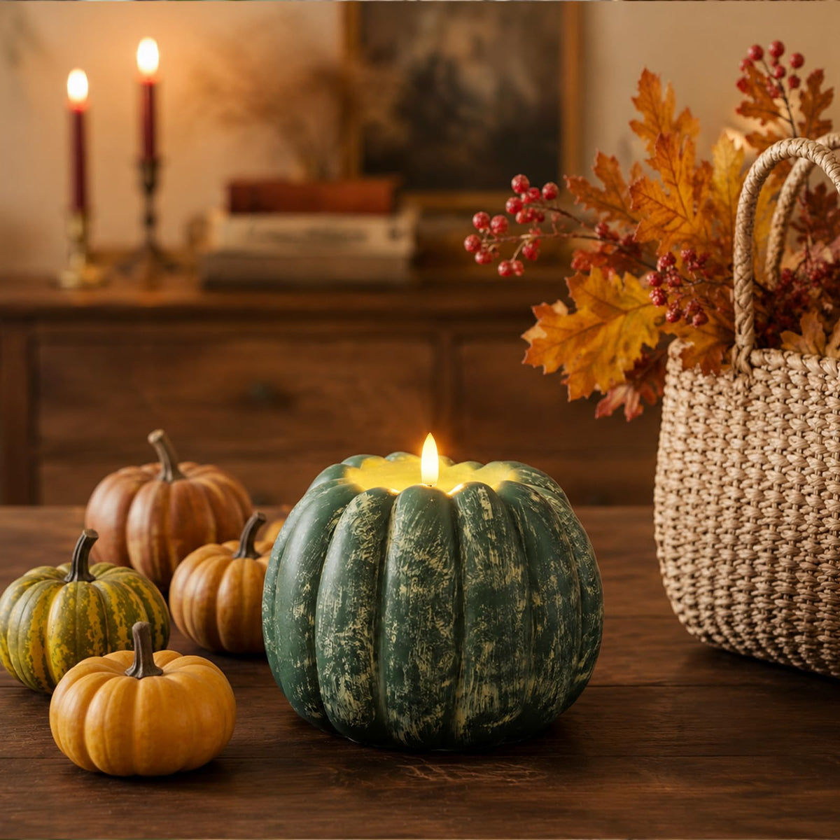 Fall Decor, Fall Decorations for Home - Flameless Pumpkin Candle, Green