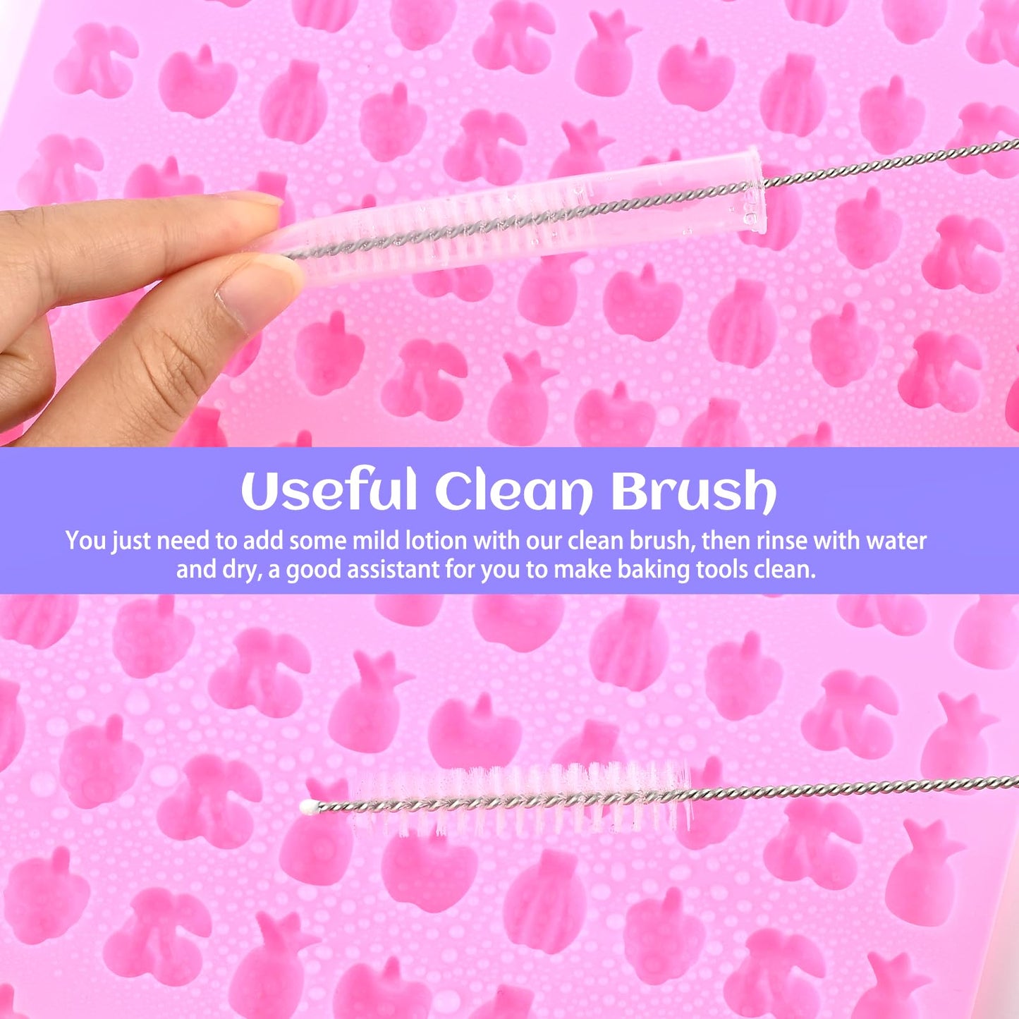 JOERSH Gummy Bear Molds Silicone 62PCS Set, Nonstick Candy Mold 18 Shapes for 327 Candies Including Dinosaur Fruit Animals Shaped, With 4 Droppers, Clean Brush, Storage Box, 50 Wrappers