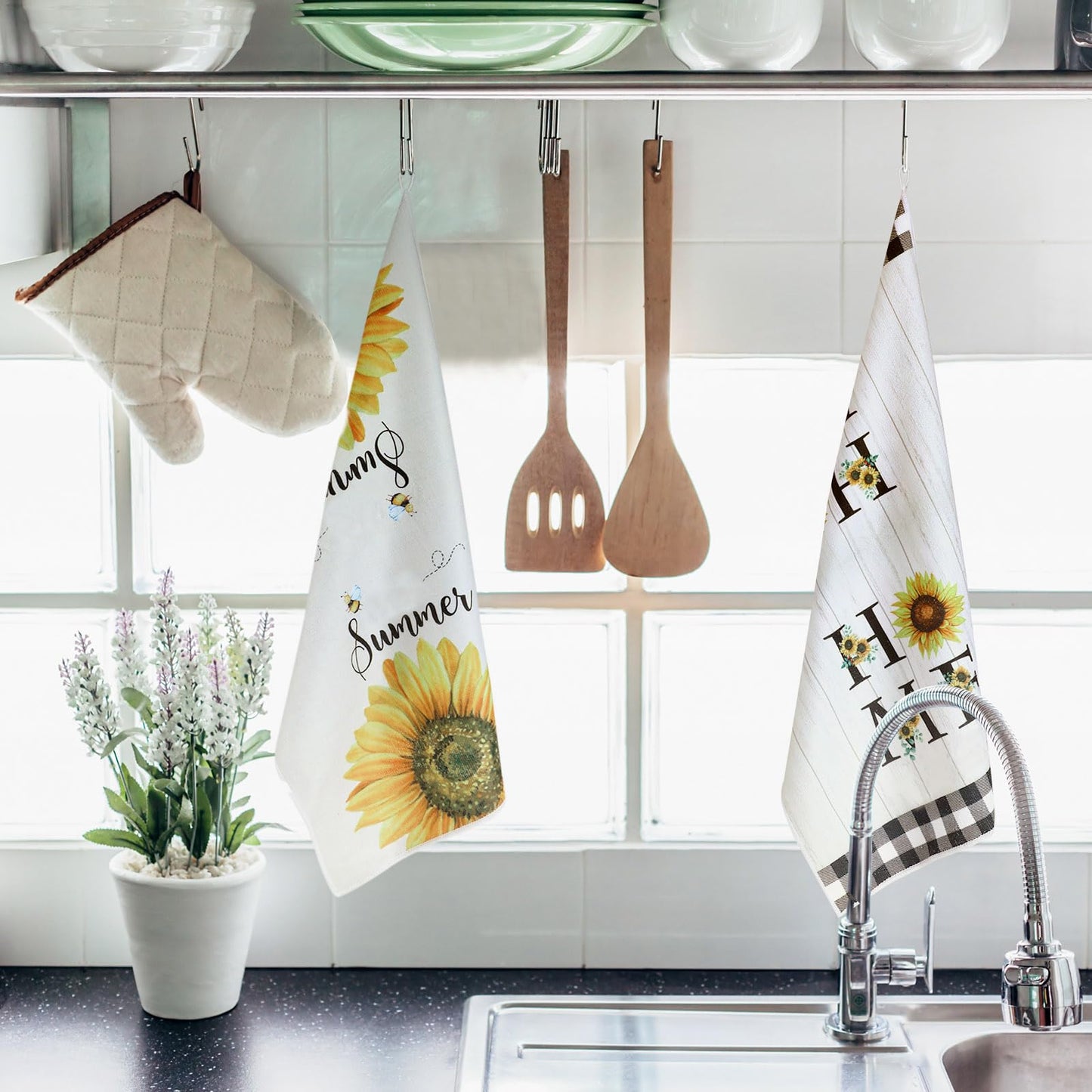 Bencailor 4 Pcs Sunflower Kitchen Towels Spring Summer Gifts Sunflower Floral Hand Dish Towels Absorbent Sunshine Yellow Grid Fast Drying Decor Housewarming Gift for Cooking Bathroom Kitchen Decor