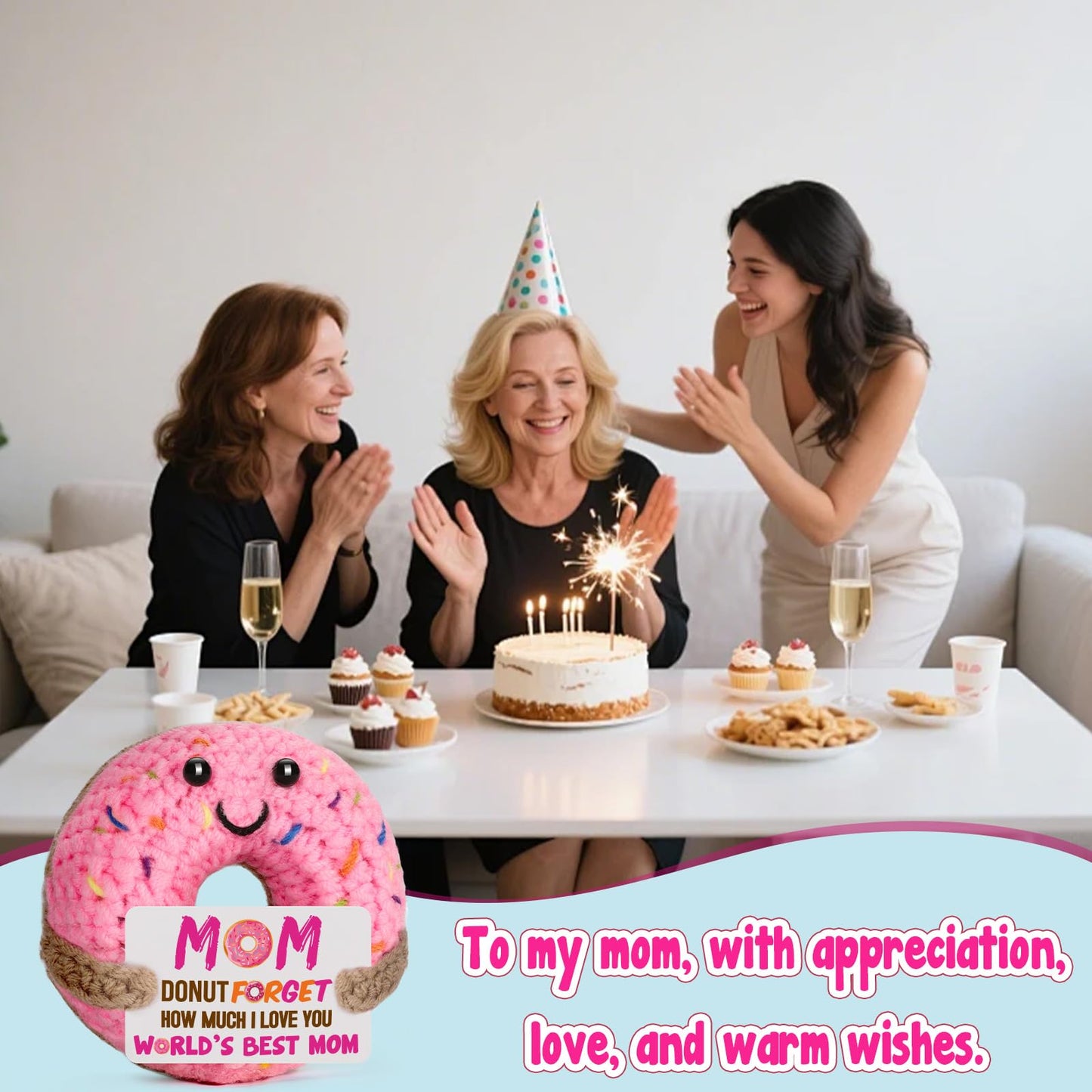 BuiltFit Mom Gifts for Mothers Day - Funny Mother's Day Birthday Handmade Crochet Donut Gift for Mom Mama Mother Mommy from Daughter Son Best Mothers Ever Gifts