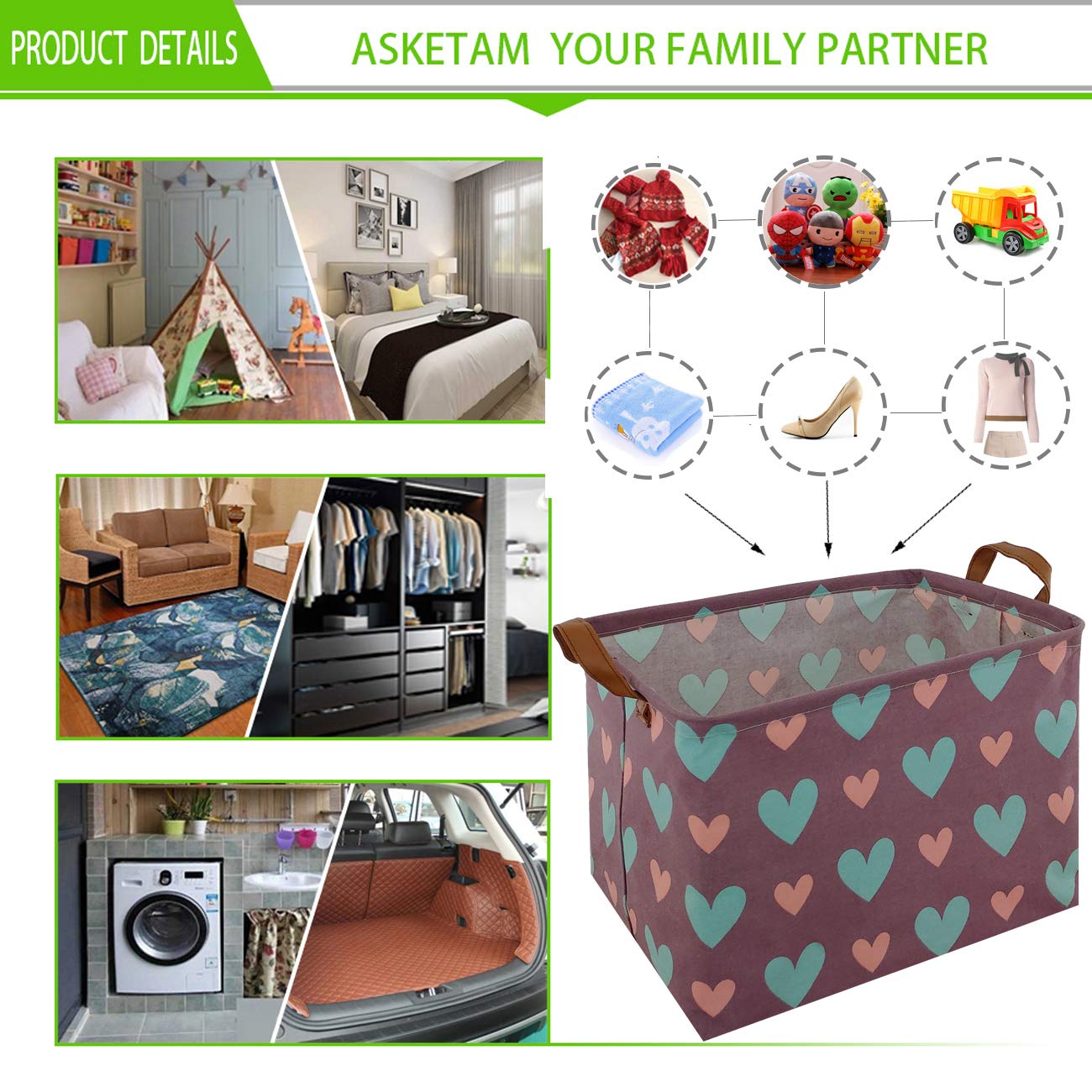 ASKETAM Kid Cute Rectangle Toy Box for Girl, Baby Collapsible Toy Storage Bin Nursery Child Playroom Bedroom Decor Clothes Storage Bin Gift Basket(Love in purple)