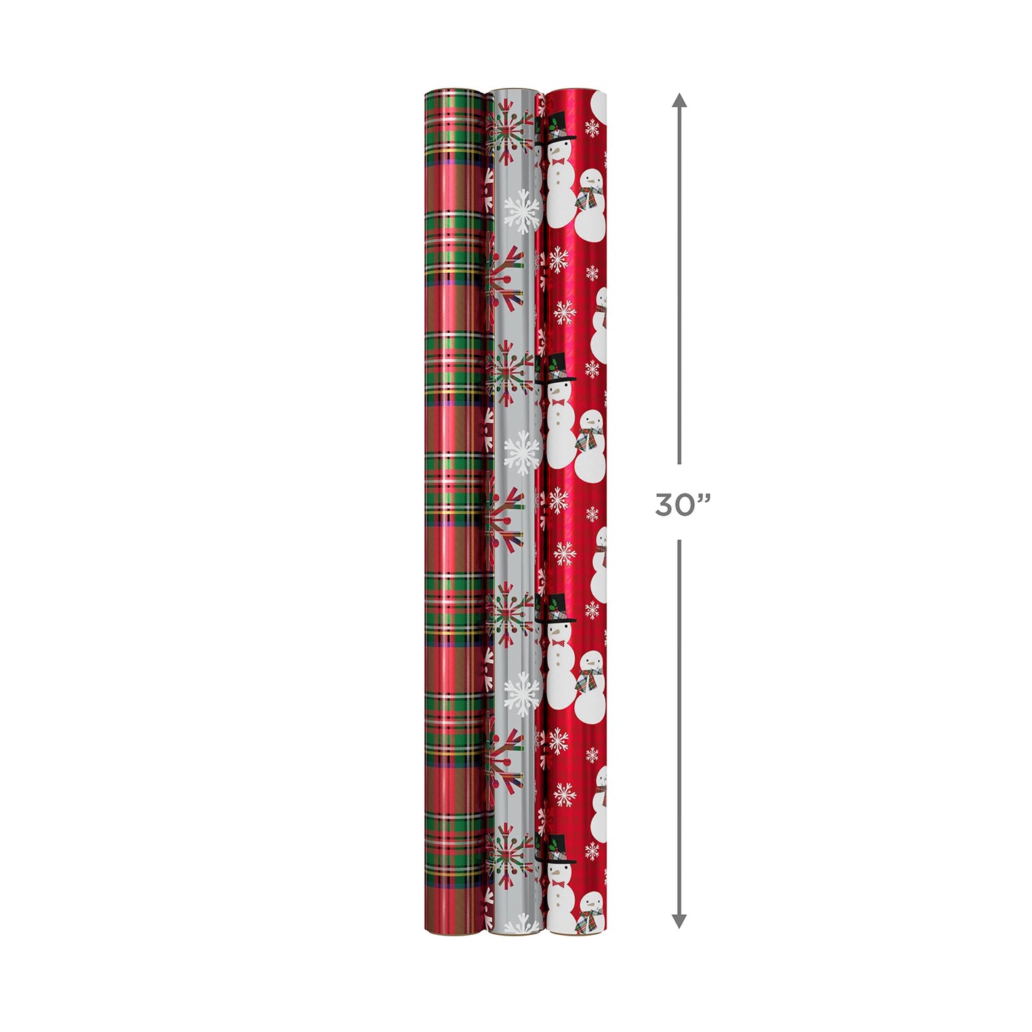 Foil Christmas Wrapping Paper with Cut Lines on Reverse (3 Rolls: 60 sq. ft. ttl) Plaid Snowflakes, Snowmen, Red, Green and Blue Plaid