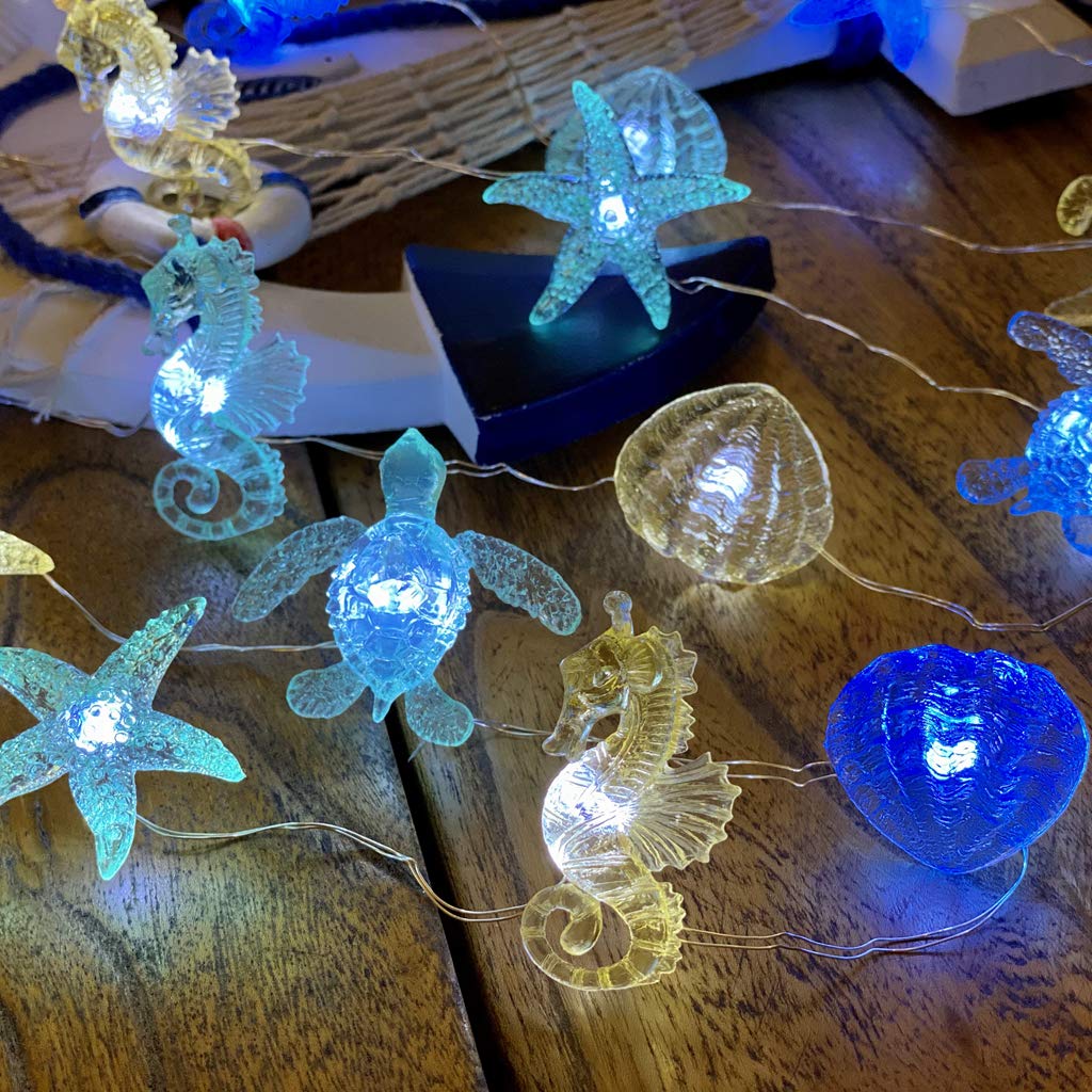 Ocean Beach themed Sea Life Cute Fairy Decorative String Lights Battery Operated, Seahorse Starfish Sea Turtle Clam Nautical Rope Lights Lit by 30 LEDs 10 ft for Holiday Camping Mermaid Wedding