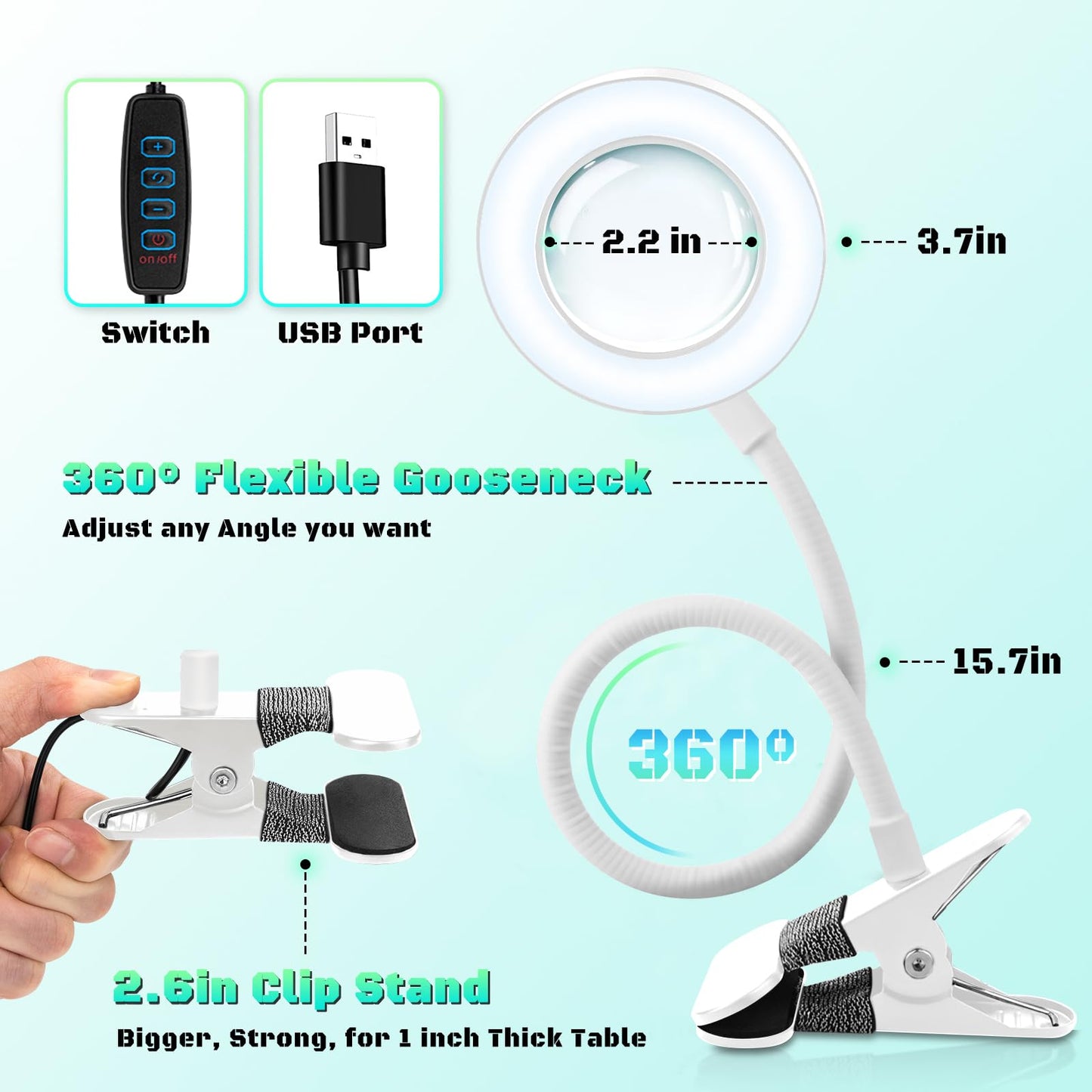 10X Magnifying Glass with Light, Clip on Mganifier with Light, 48 LED Desk Magnifying Glass wtih Clamp, 3 Modes Dimmable Magnifying LED Lamps for Bed Work Crafts DIY Repair White