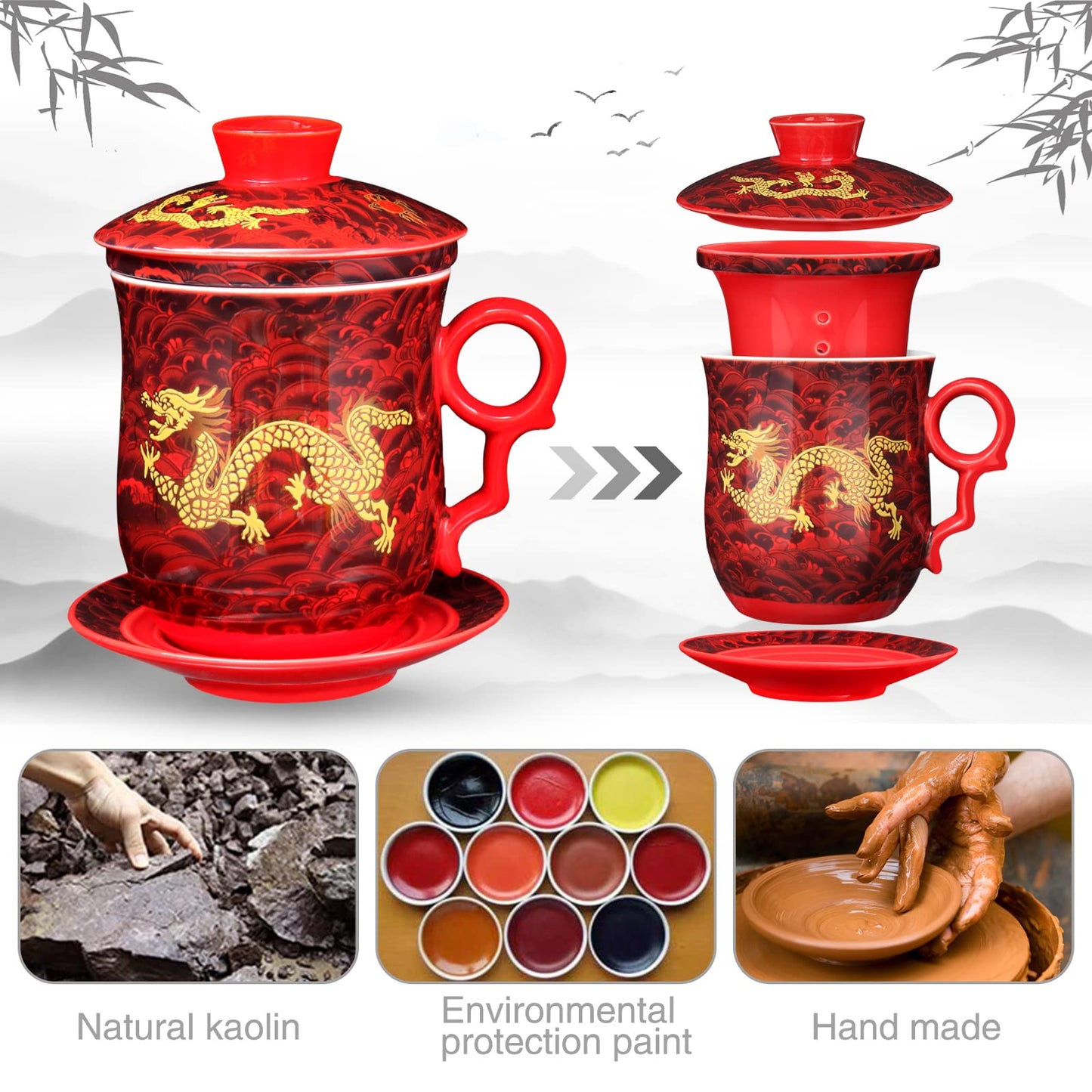 Chinese Dragon Pattern Tea-Mug with Strainer Infuser and Lid and Saucer Ceramic Tea Mug Convenient System Chinese Porcelain Personal Tea Cup 13.5 oz(380ml) - RED, TC400