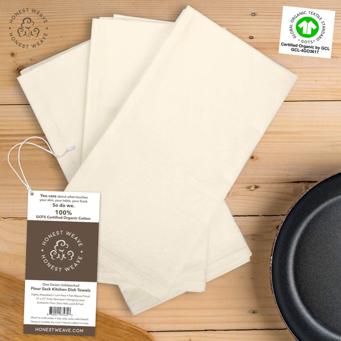 Organic Flour Sack Cotton Kitchen Hand and Dish Towel Sets - Extra Large 27x27 inches, Fully Hemmed, 12-Pack, Natural Tan