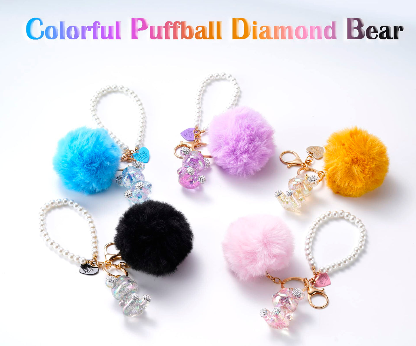 YOU WIZV Cute Pink Bear Keychain for Women with Puff Ball Purse Charms, Girls Bling Key Chains for Car Keys, Backpack, Purse Accessories, Pink Pom Pom Keychain