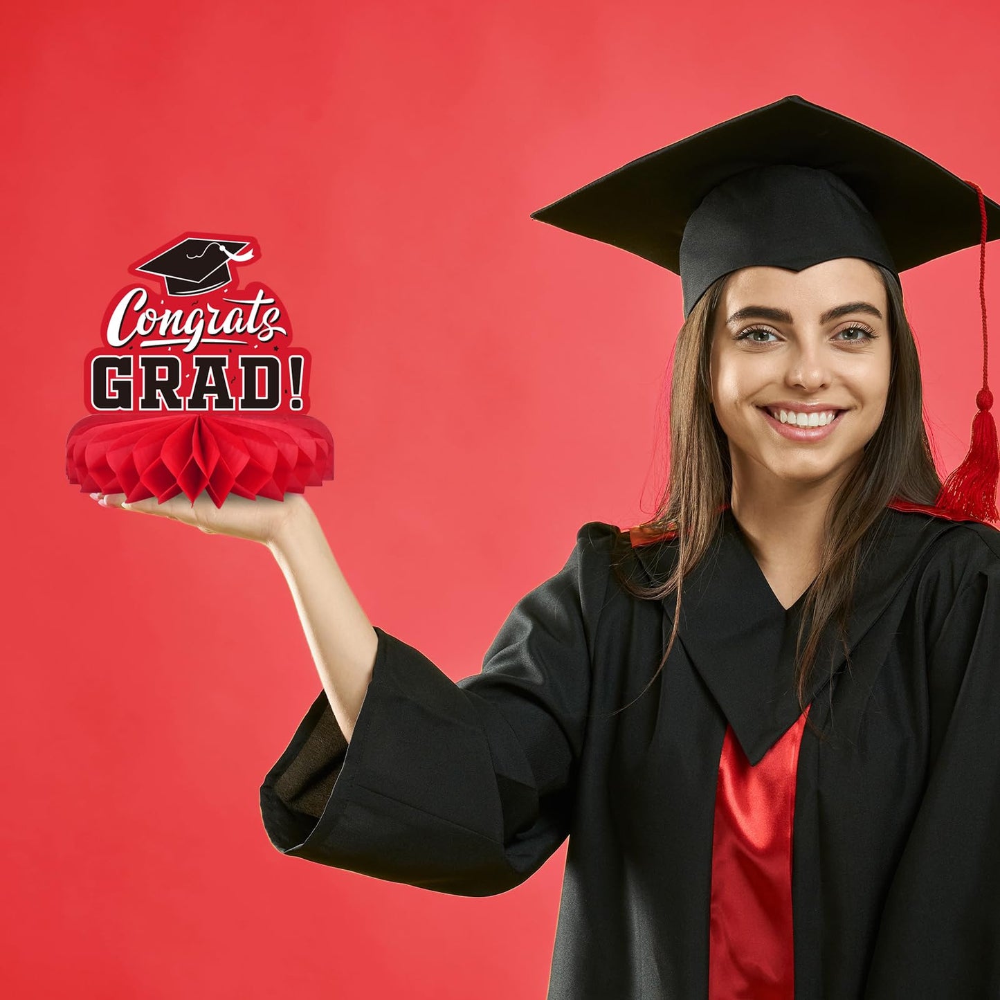 9PCS Graduation Decorations 2026 Congrats Grad Table Centerpiece Congratulate Graduation Honeycomb Table Toppers for Graduation Party Supplies(Red,Black）