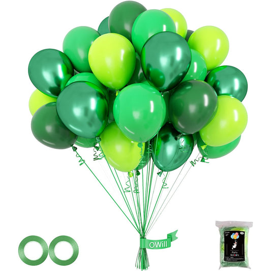 OWill 100pcs Green Balloons 12 Inches Different Shades Dark Green Emerald Green Lime Green Chrome Metallic Green Latex Balloons for Jungle Safari Party Supplies St. Patrick's Day Decoration
