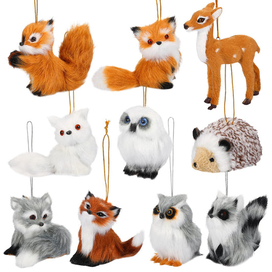 10 Pieces Forest Animals Ornaments Woodland Animal Faux Fur Plush Hanging Ornaments Family Educational Playset for Fall, Christmas, Winter Birthday Party Supplies(Animals)