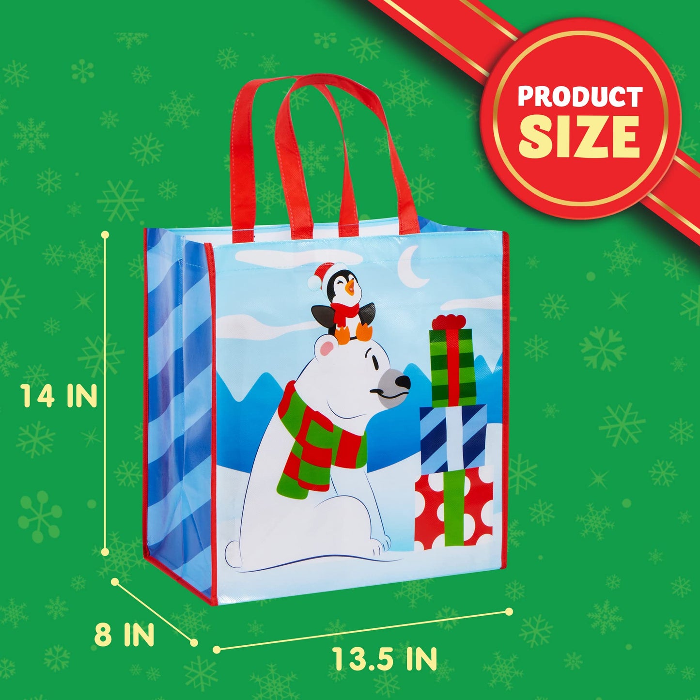 12 Christmas Extra-Large Gift Bags 13.75"x8"x14", Reusable Non-Woven Tote Bag With Handles for Xmas Wrapping Holiday Party Favors, Grocery Shopping