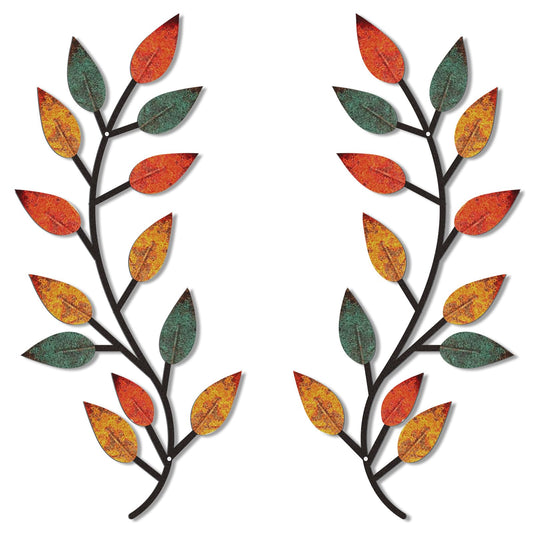2 Pieces Metal Tree Leaf Wall Decor Vine Olive Branch Leaf Wall Art Living Room, Hallway Wall Decor Outdoor Decoration(Lively Colors)