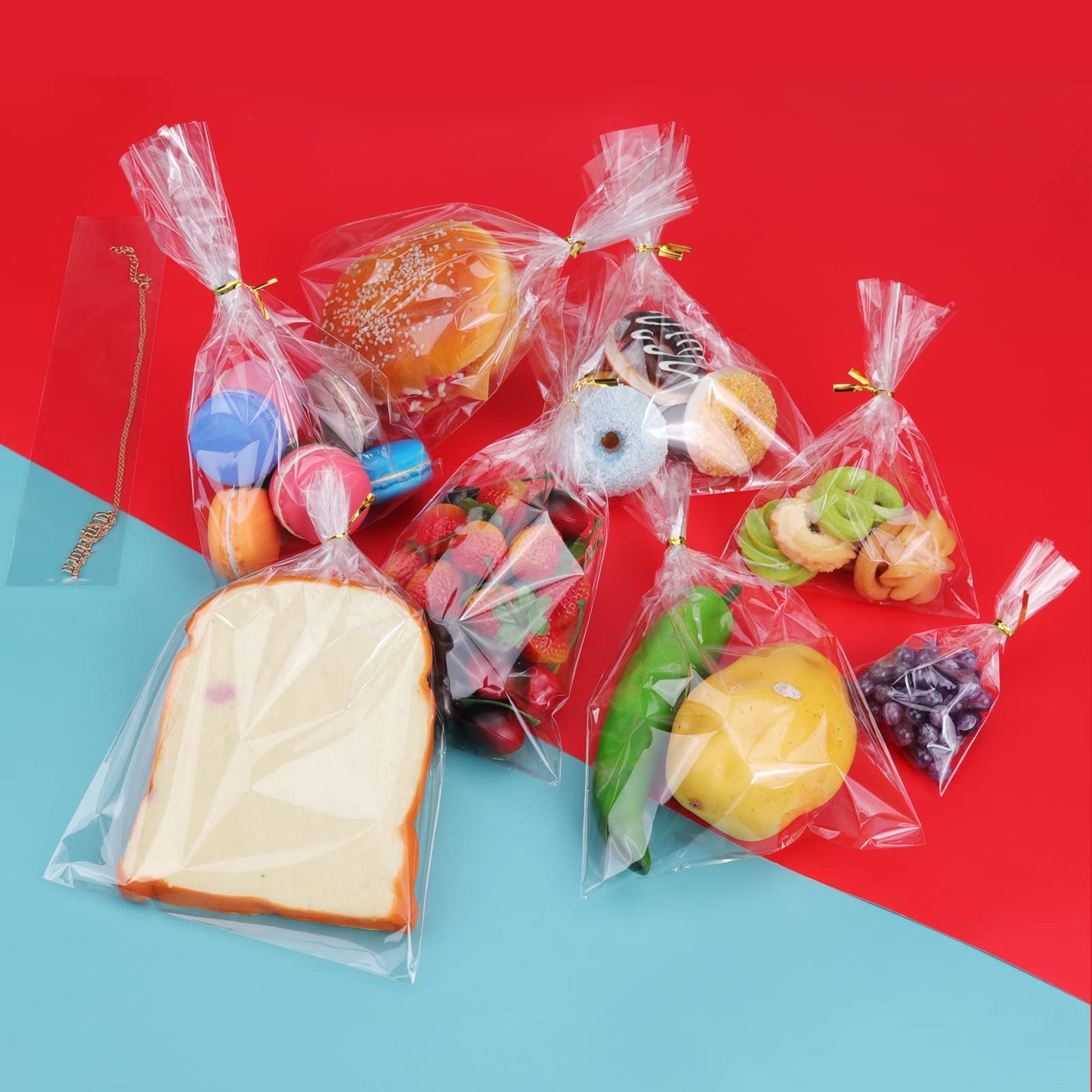 NEOACT 300 PCS Clear Flat Cellophane Treat Bags with 3x5,4x6,5x7,6x9,2x10,5x11,Treat Bags with Ties are Good for Pretzel Rods,Bakery, Cookies, Candies,Dessert.