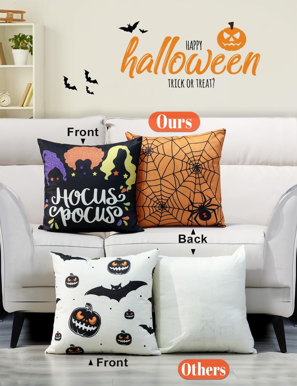 Halloween Decorations Double-Side Printing Pillow Covers 18'' x 18'' Set of 4, with 8 Cute Halloween Decor Patterns, Invisible Zipper, Durable Soft Linen Throw Pillow Covers Outdoor Indoor
