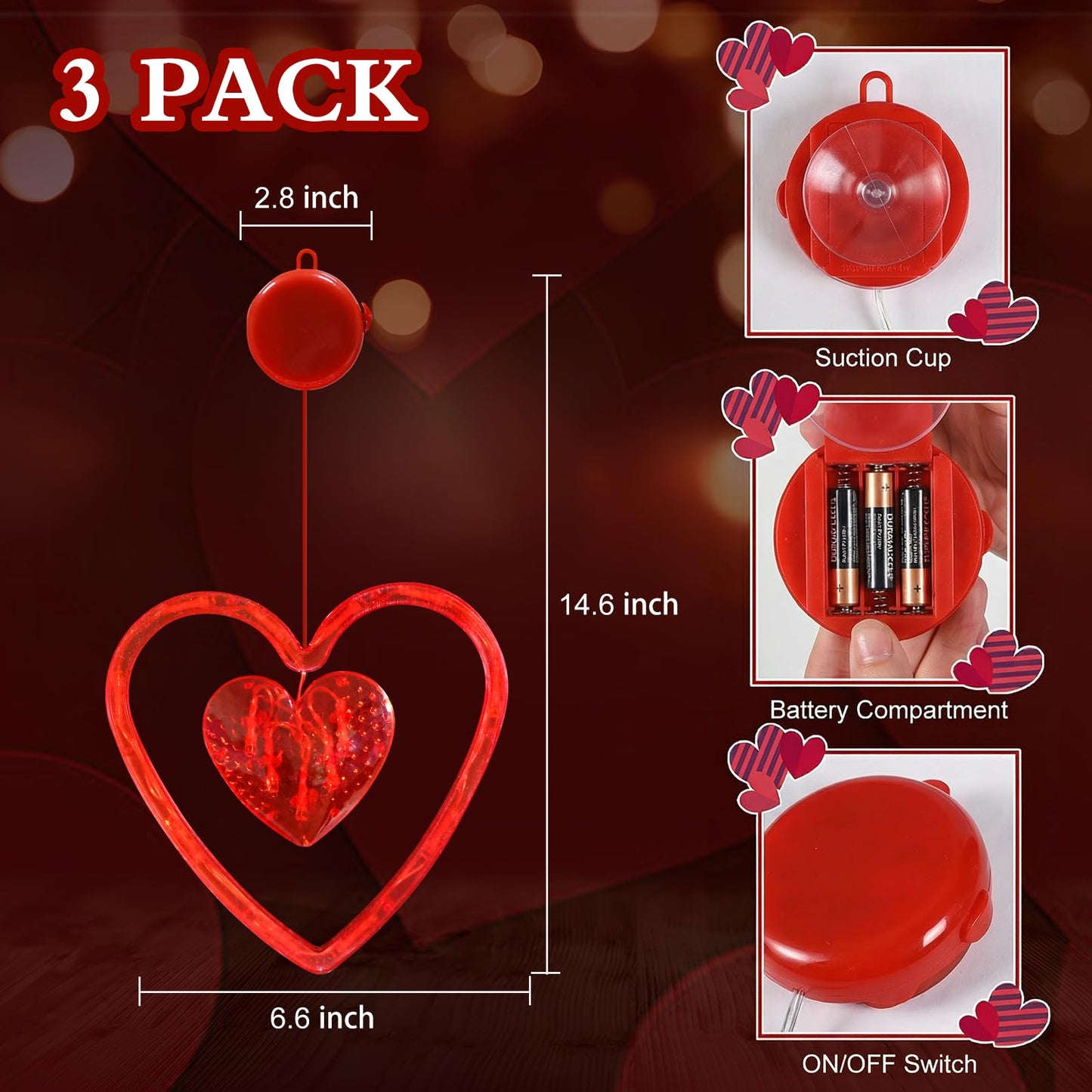 3 Pack Valentines Day Window Lights Decor with Timer, Battery Operated Red Heart-Shaped Window Decorations Silhouette Sucker LED Lamp Slow Fade Mode Hanging Lights for 2026 Holiday Indoor Home