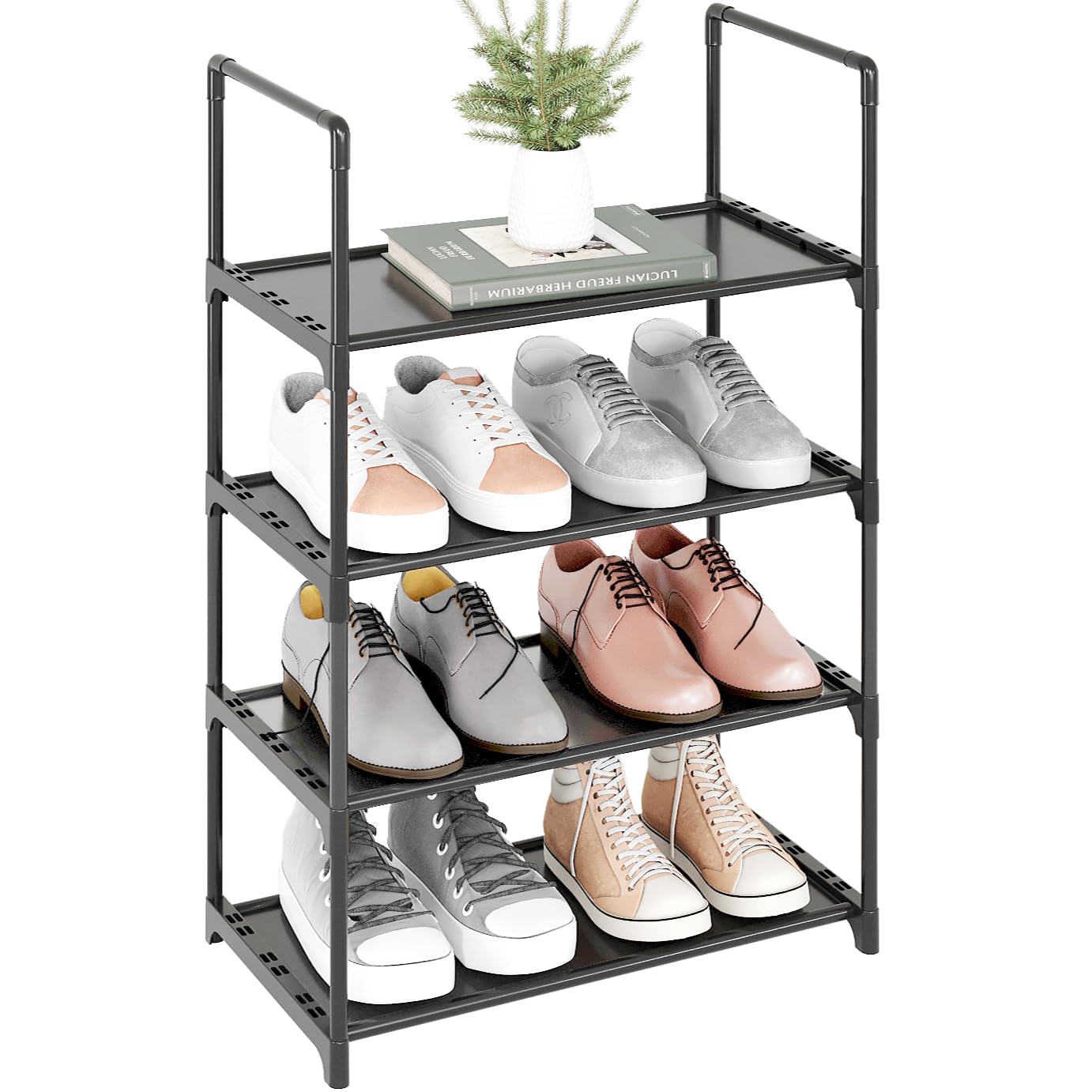 Upgrade Stackable Small Shoe Rack, 4-Tier Shoe Shelf Storage Organizer with Handle for Entryway, Hallway and Closet (Black)