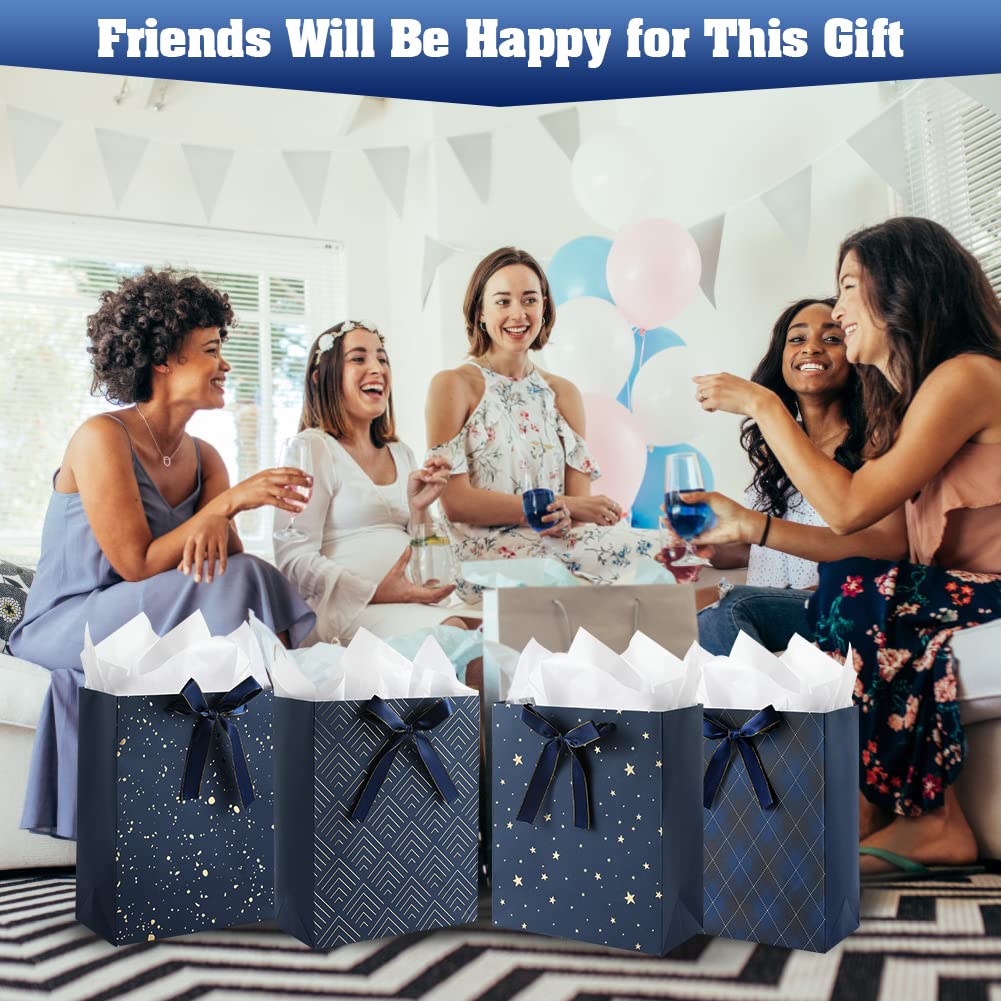4 Pack 13" Large Size Gift Bags Assorted Premium Blue Gift Bags with Tissue Paper Use for Birthdays, Baby Shower,weddings,Party Favor, Holiday Presents-10" X 5" X 13"