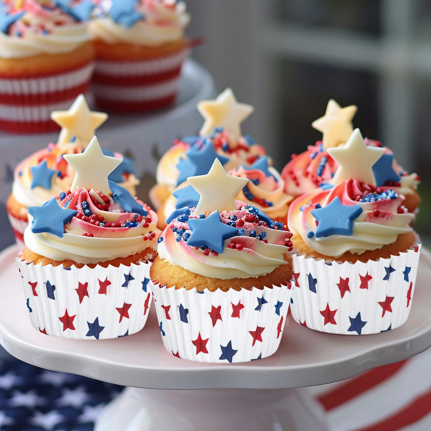 JarThenaAMCS 300Pcs Patriotic July 4th Cupcake Liners Red Blue Stars Paper Baking Cups Independence Day Standard Muffin Cupcake Wrappers for 250th Anniversary Memorial Day Party Supplies Table Decor