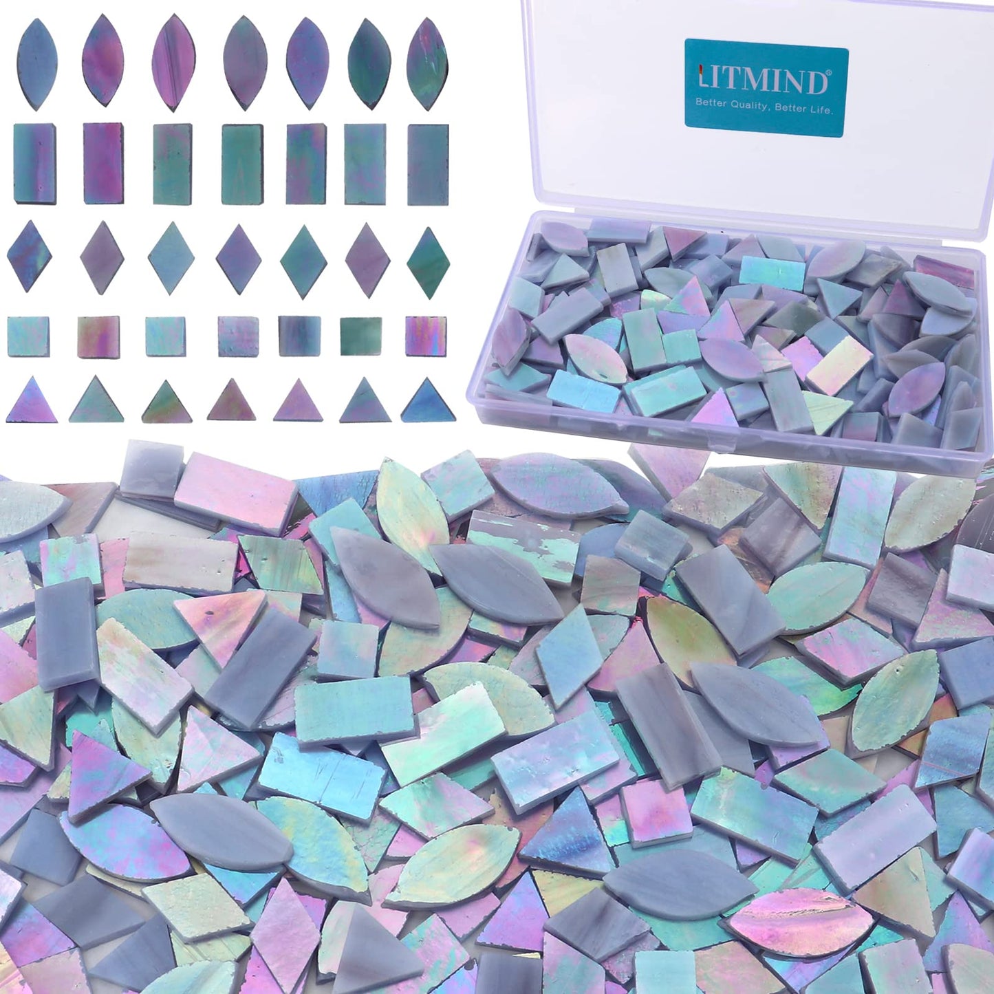 LITMIND Iridescent Stained Glass Mosaic Tiles for Crafts, 240 Pieces 5 Shapes Mixed Mosaic Glass Pieces, Mosaic Kits for Adults (Iridescent Grey)