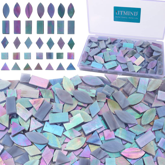 LITMIND Iridescent Stained Glass Mosaic Tiles for Crafts, 240 Pieces 5 Shapes Mixed Mosaic Glass Pieces, Mosaic Kits for Adults (Iridescent Grey)