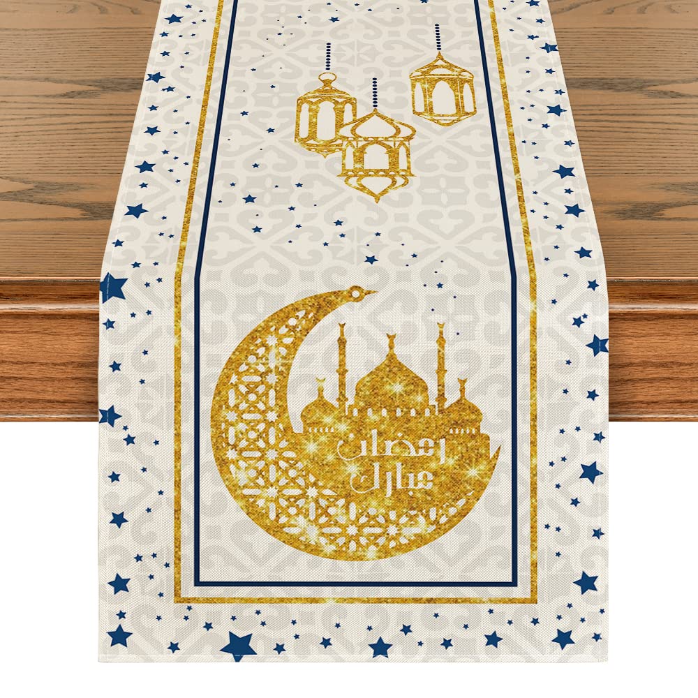 Artoid Mode White Moon Star Gloden Ramadan Table Runner, Seasonal Summer Holiday Kitchen Dining Table Decoration for Home Party Decor 13 x 72 Inch