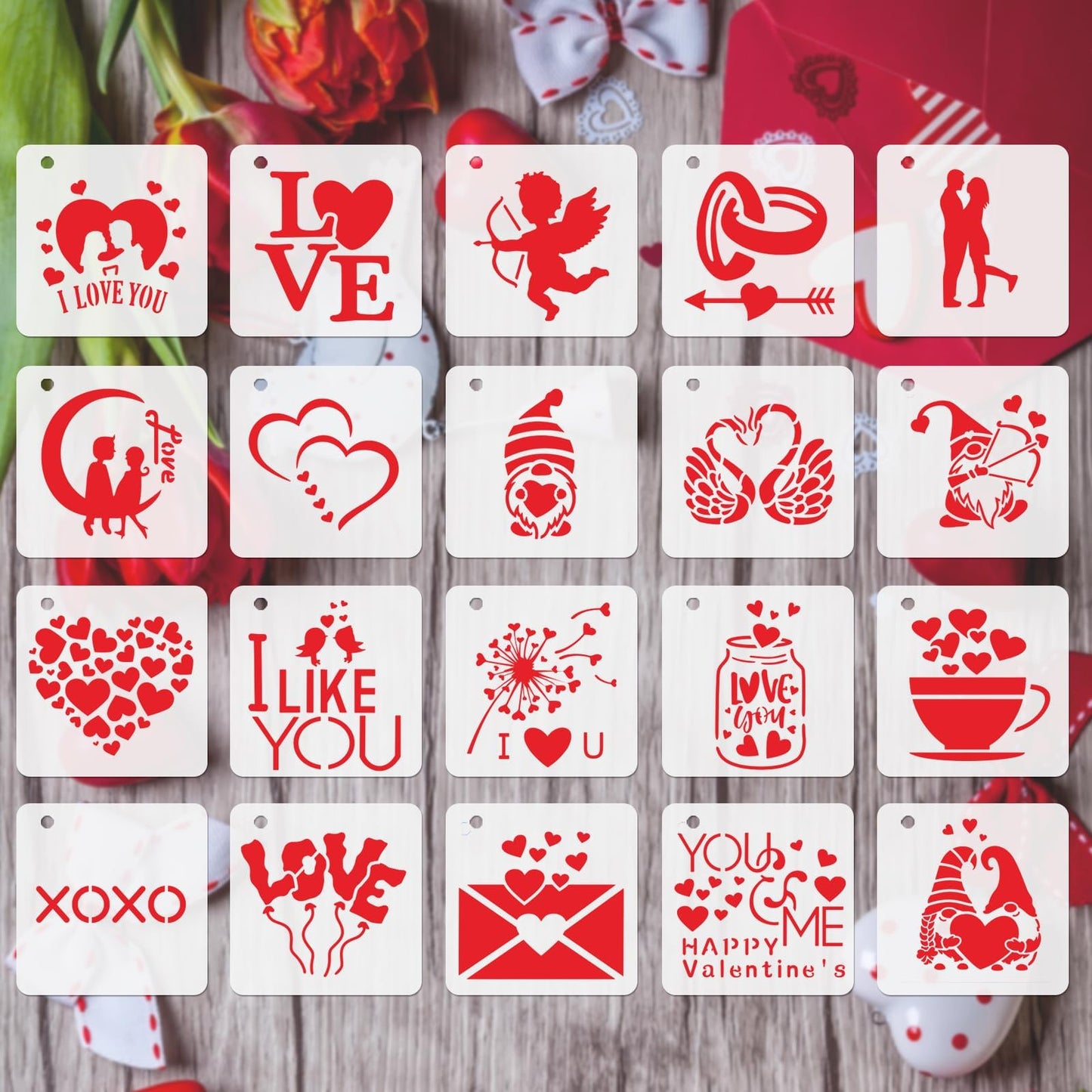 JULMELON Valentine's Day Stencils, 20Pcs Valentine Drawing Templates Reusable Plastic Template Stencils for Wall Floor Decor DIY Rock Dot Painting Art Projects (3inch)