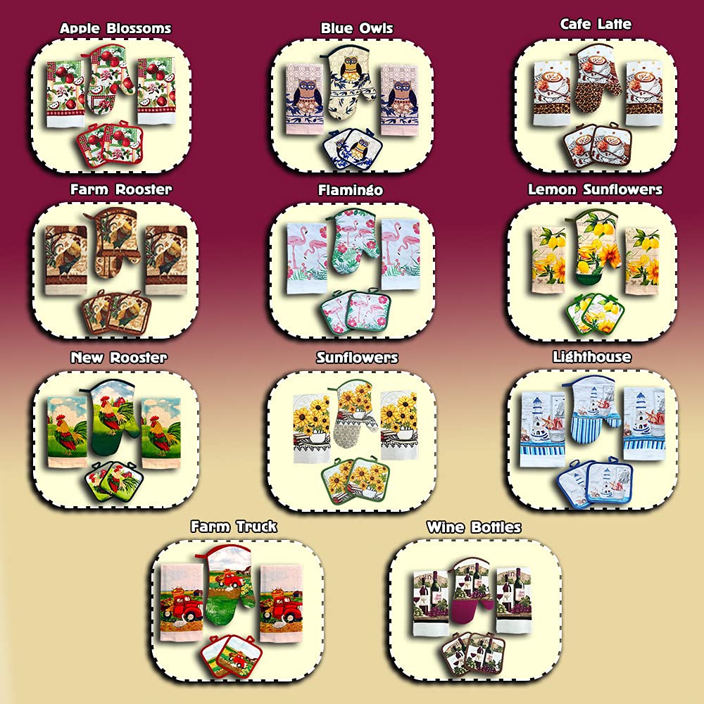 Lobyn Value Packs - Wine Lover’s Kitchen Set: 5 Pieces with Grape & Wine Bottle Motif, includes 2 Artistic Dish Towels, Oven Mitt, and 2 Quilted Potholders