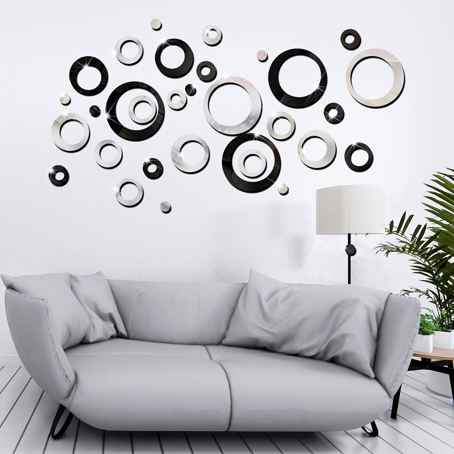 Outus 72 Pieces Wall Stickers Acrylic Circle Mirror Removable Round Dots Mirror Wall Decoration Wall Decals Murals for Home Living Room Bedroom Decor(Silver, Black)