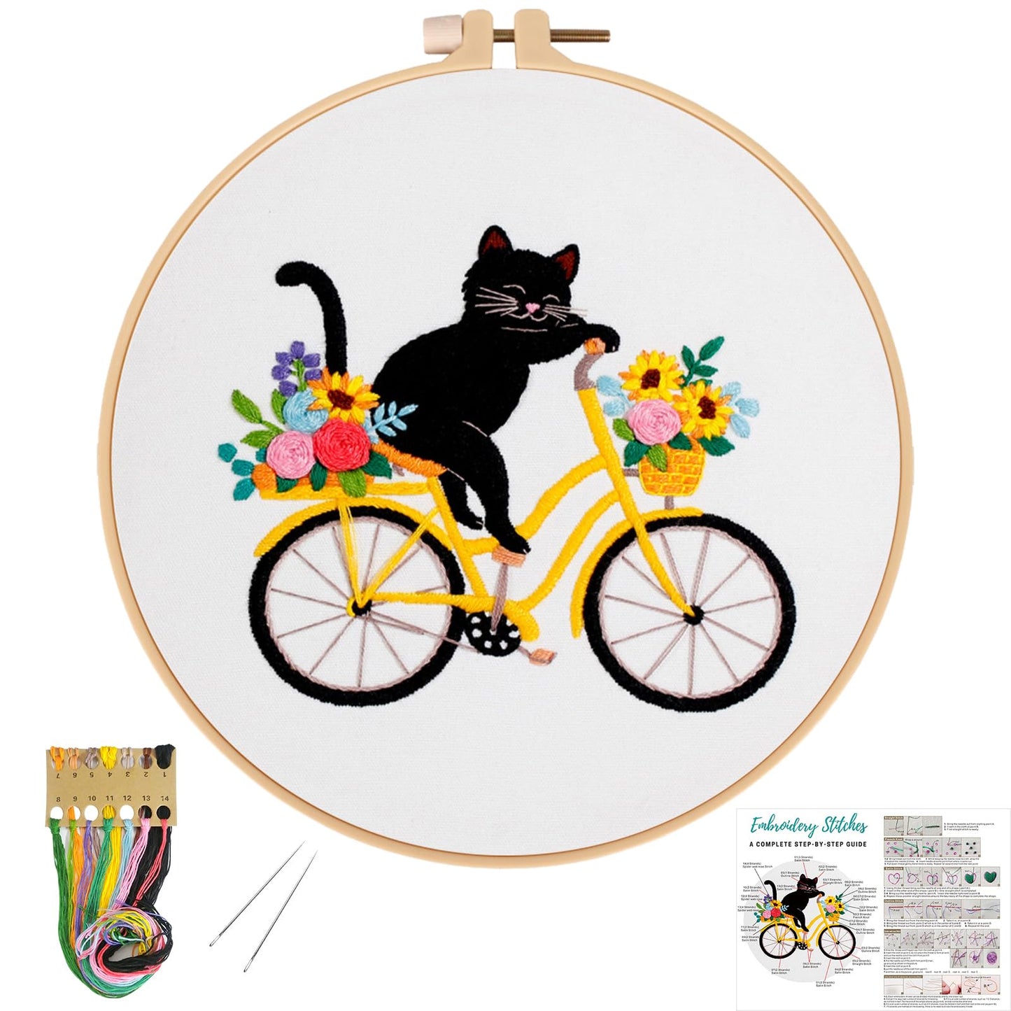 Louise Maelys Cute Cat Embroidery Kits for Beginners with Flower Bike Pattern,Adults Starter Cross Stitch Kit DIY Needlepoint
