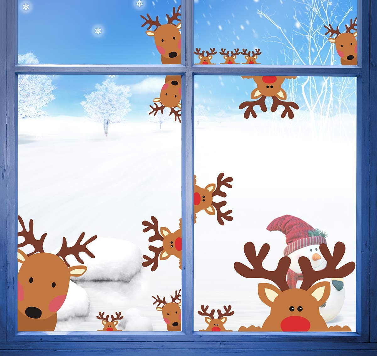 Reindeer Window Decals Double Sided Christmas Window Clings Stickers Xmas Rudolph Decals for Glass Windows Christmas Wall Decal Cartoon Deer Decal Car Sticker Xmas Party Supplies Indoor Home Decor