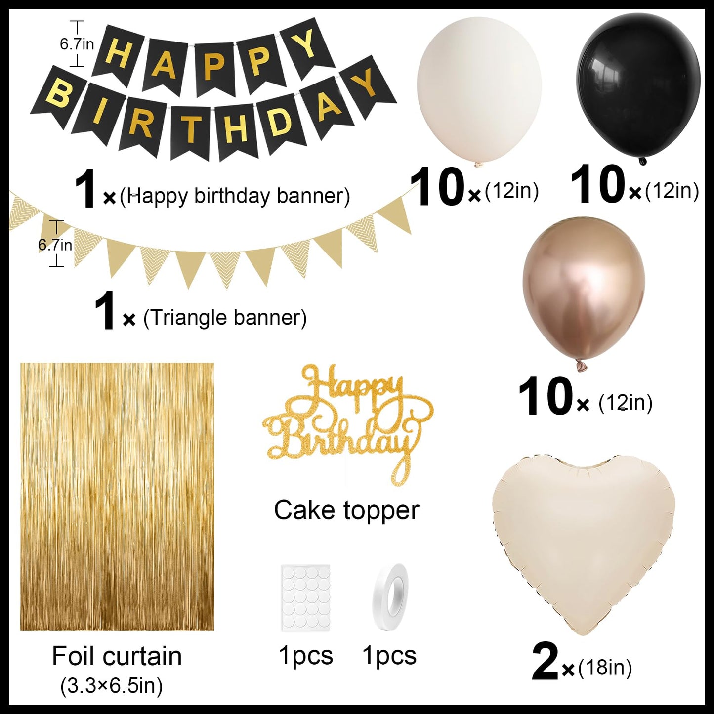 Black Gold Birthday Decorations,Party Decorations with Sand White Champagne Gold Balloon Heart Balloons Happy Birthday Banner Fringe Curtain for Women Men Boho Baby Shower Birthday Party Decor